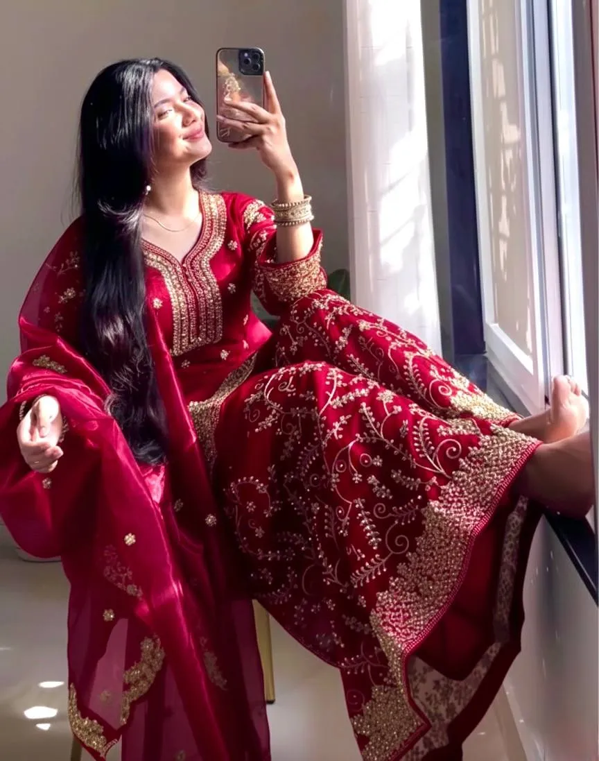 Red Readymade Silk Pakistani Plazzo Dress