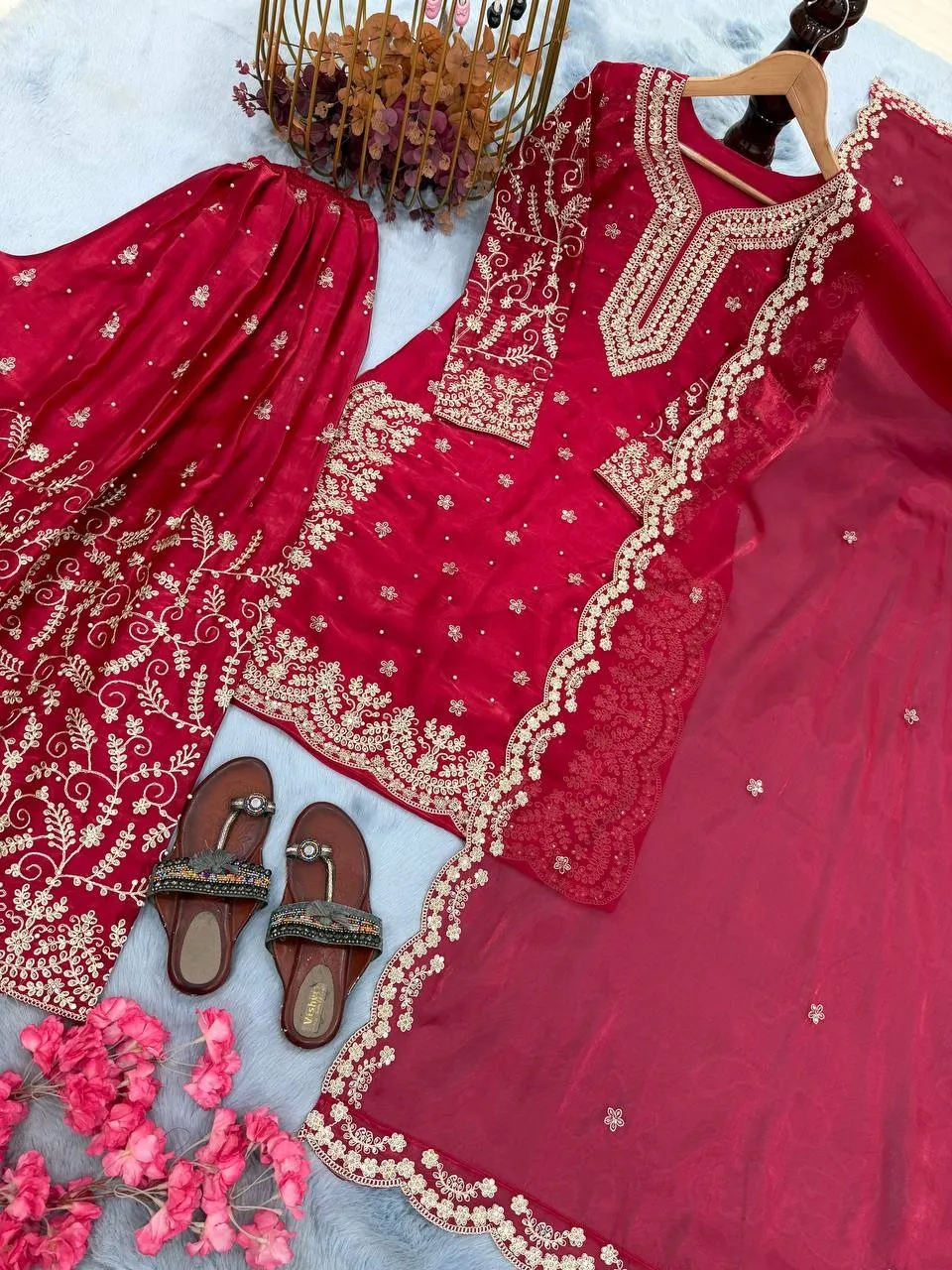 Red Readymade Silk Pakistani Plazzo Dress