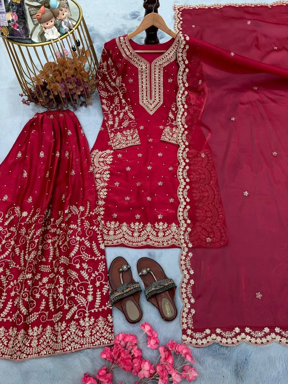 Red Readymade Silk Pakistani Plazzo Dress