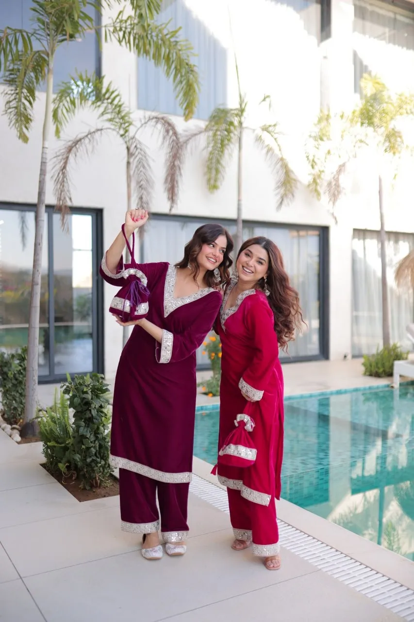 Red Velvet Pakistani Kurti Set