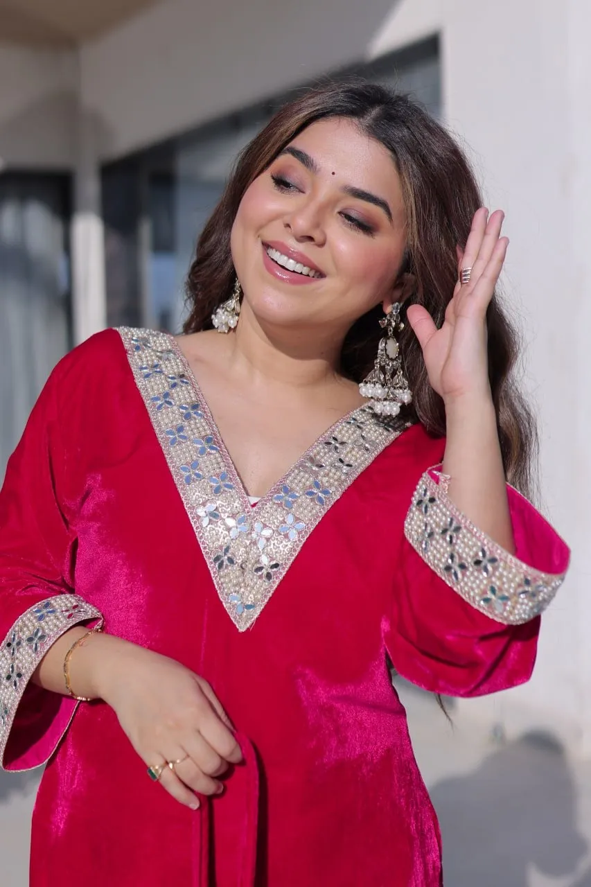 Red Velvet Pakistani Kurti Set