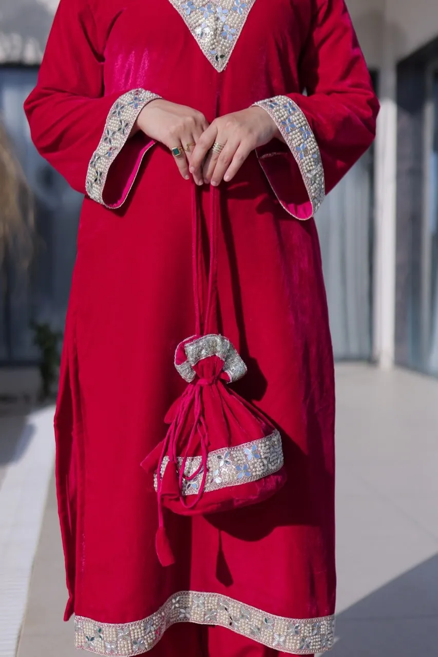 Red Velvet Pakistani Kurti Set
