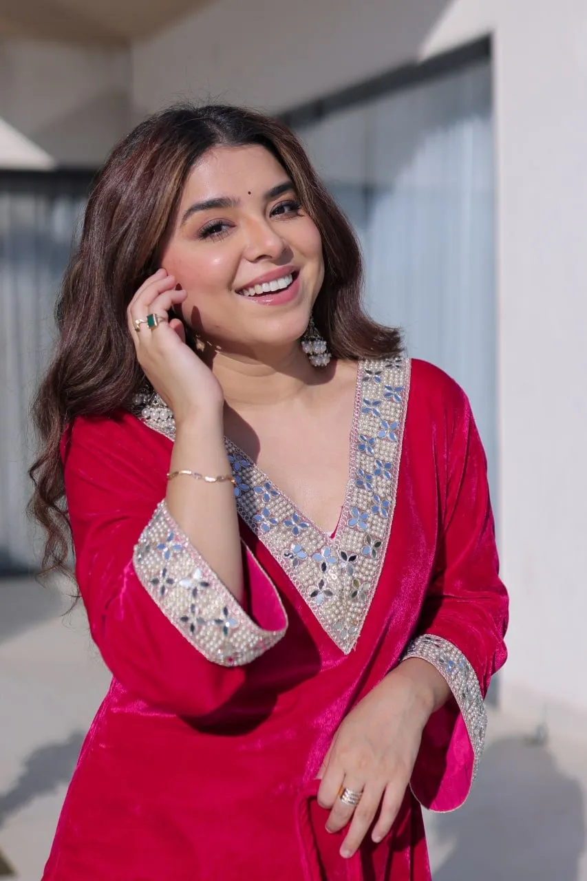 Red Velvet Pakistani Kurti Set