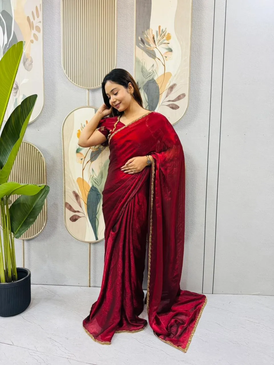Red Wedding Zip and go Saree with Beads