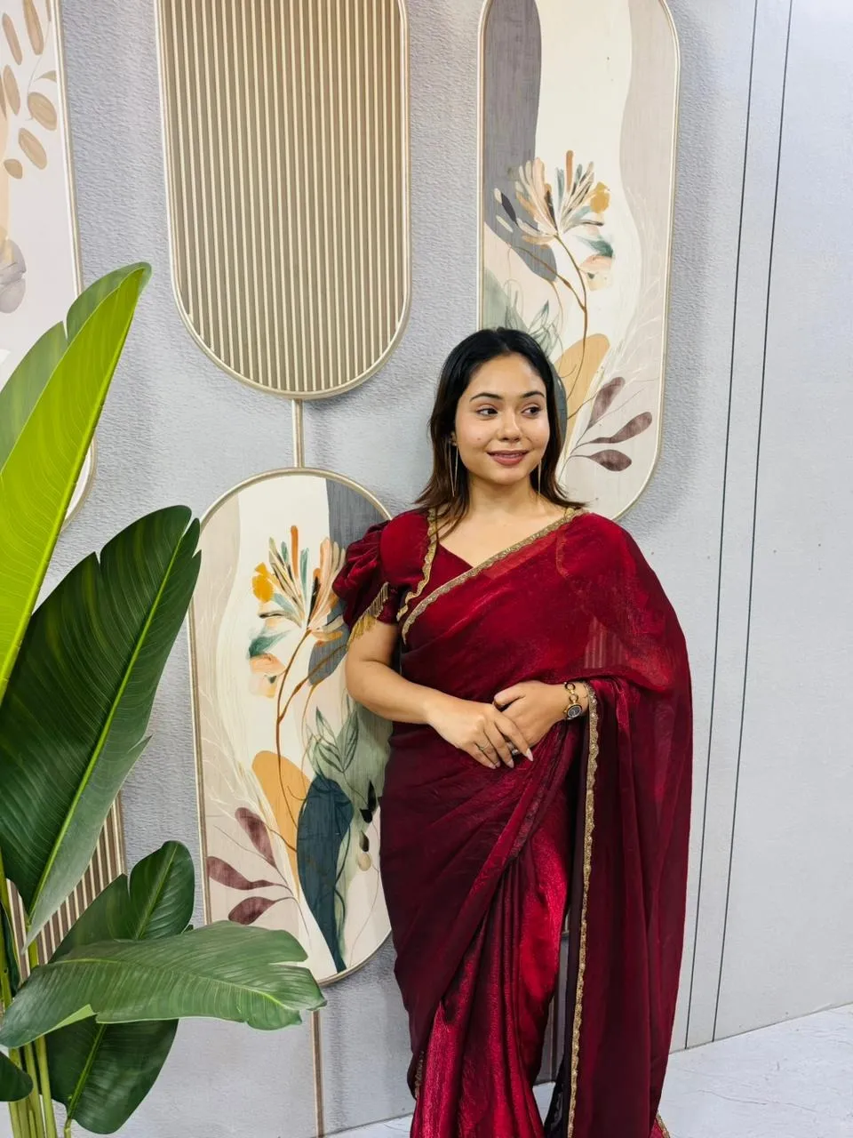 Red Wedding Zip and go Saree with Beads
