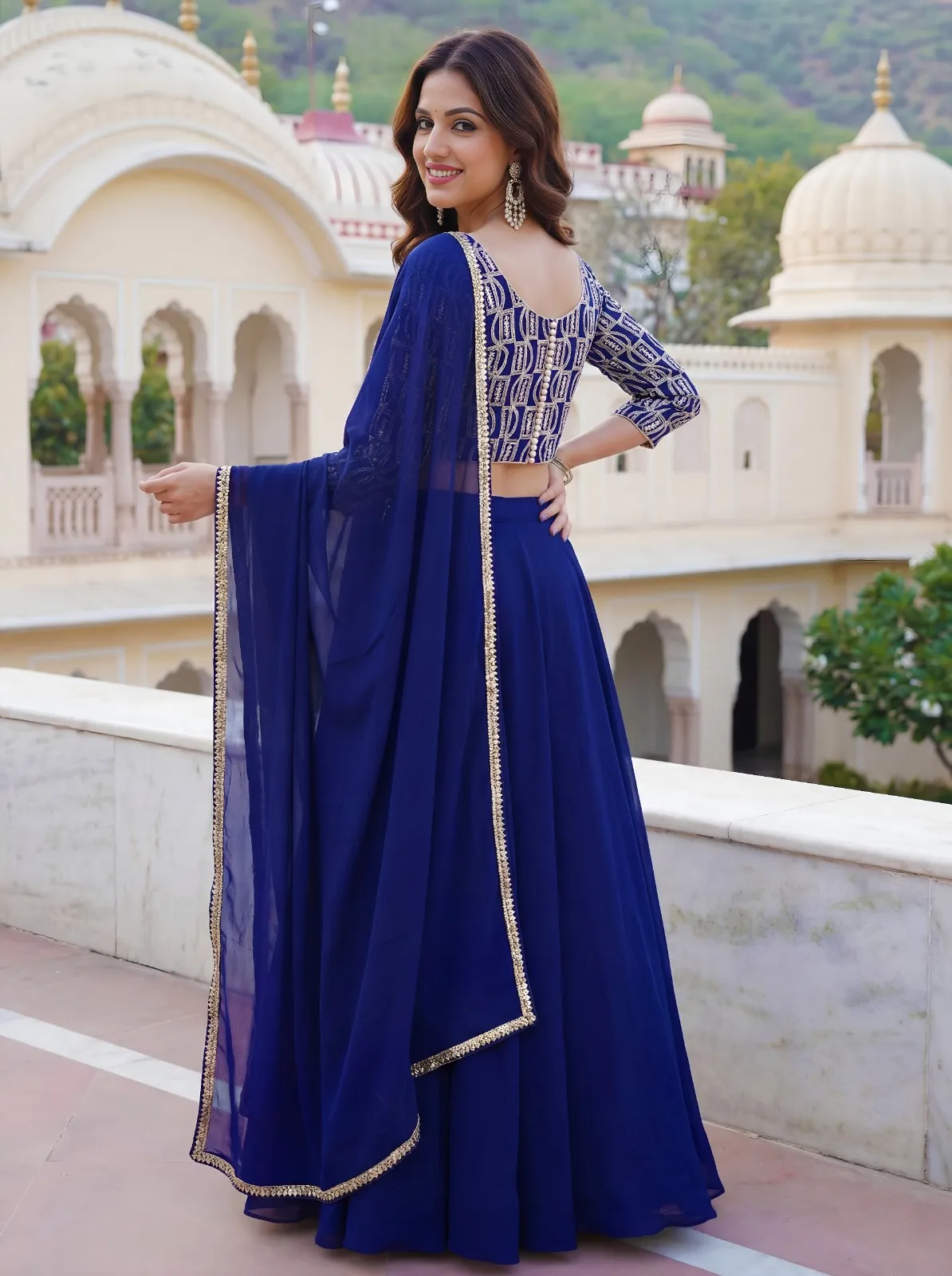 Royal Blue Embroidered Georgette Lehenga Set