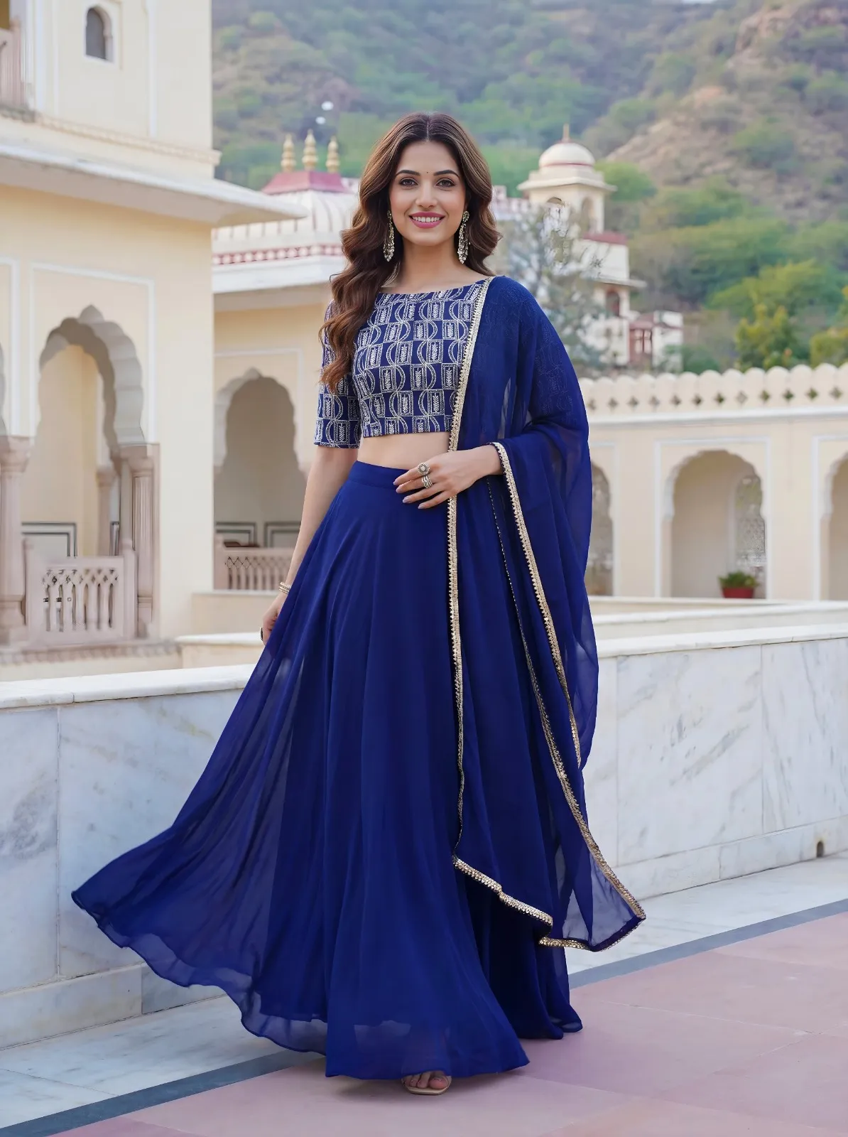 Royal Blue Embroidered Georgette Lehenga Set