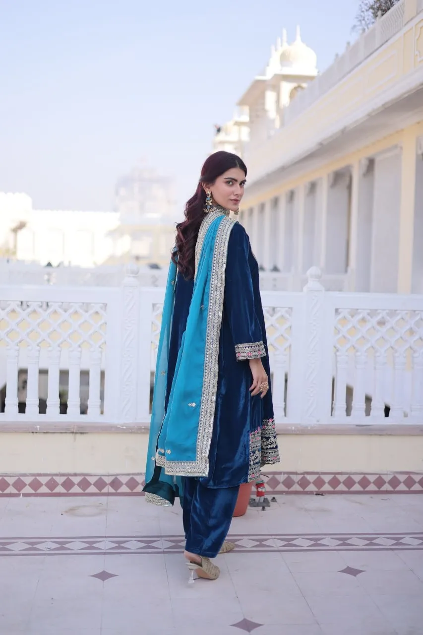 Royal Blue Velvet Pakistani Style Embroidery Suit for Eid