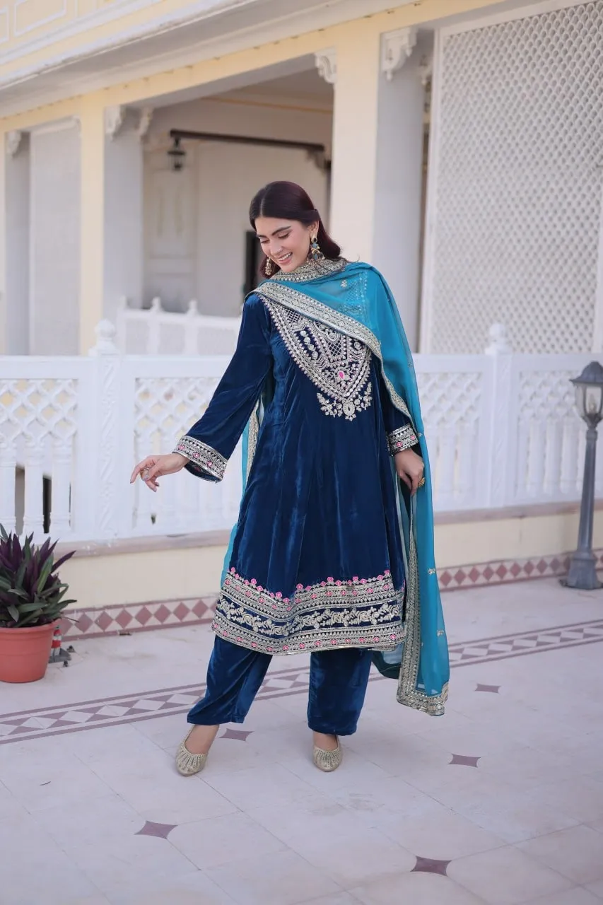 Royal Blue Velvet Pakistani Style Embroidery Suit for Eid