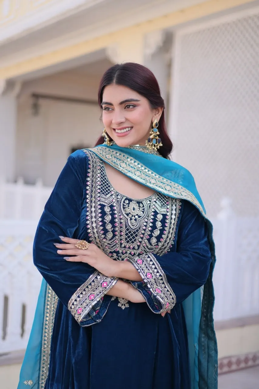 Royal Blue Velvet Pakistani Style Embroidery Suit for Eid
