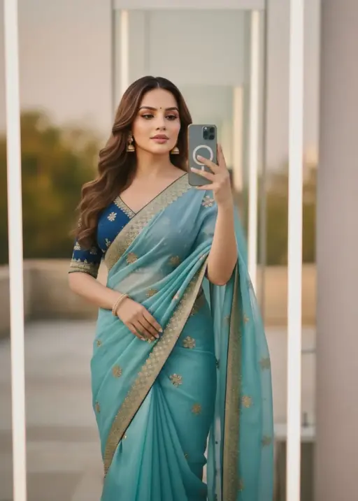 Sky Blue Embroidery Saree with Readymade Blouse