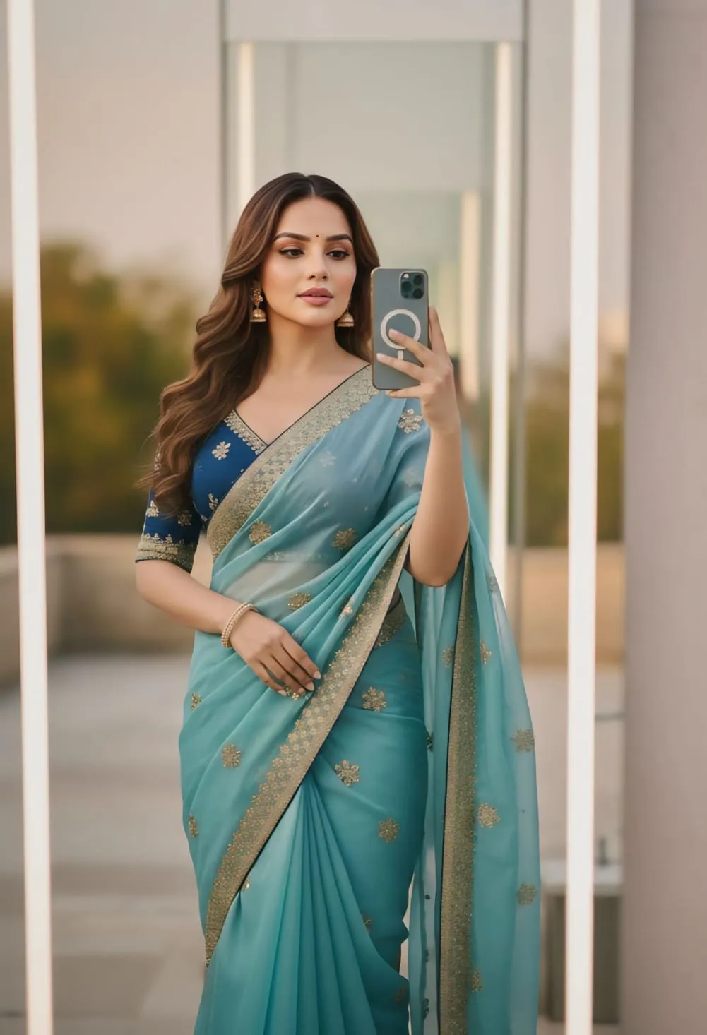 Sky Blue Embroidery Saree with Readymade Blouse