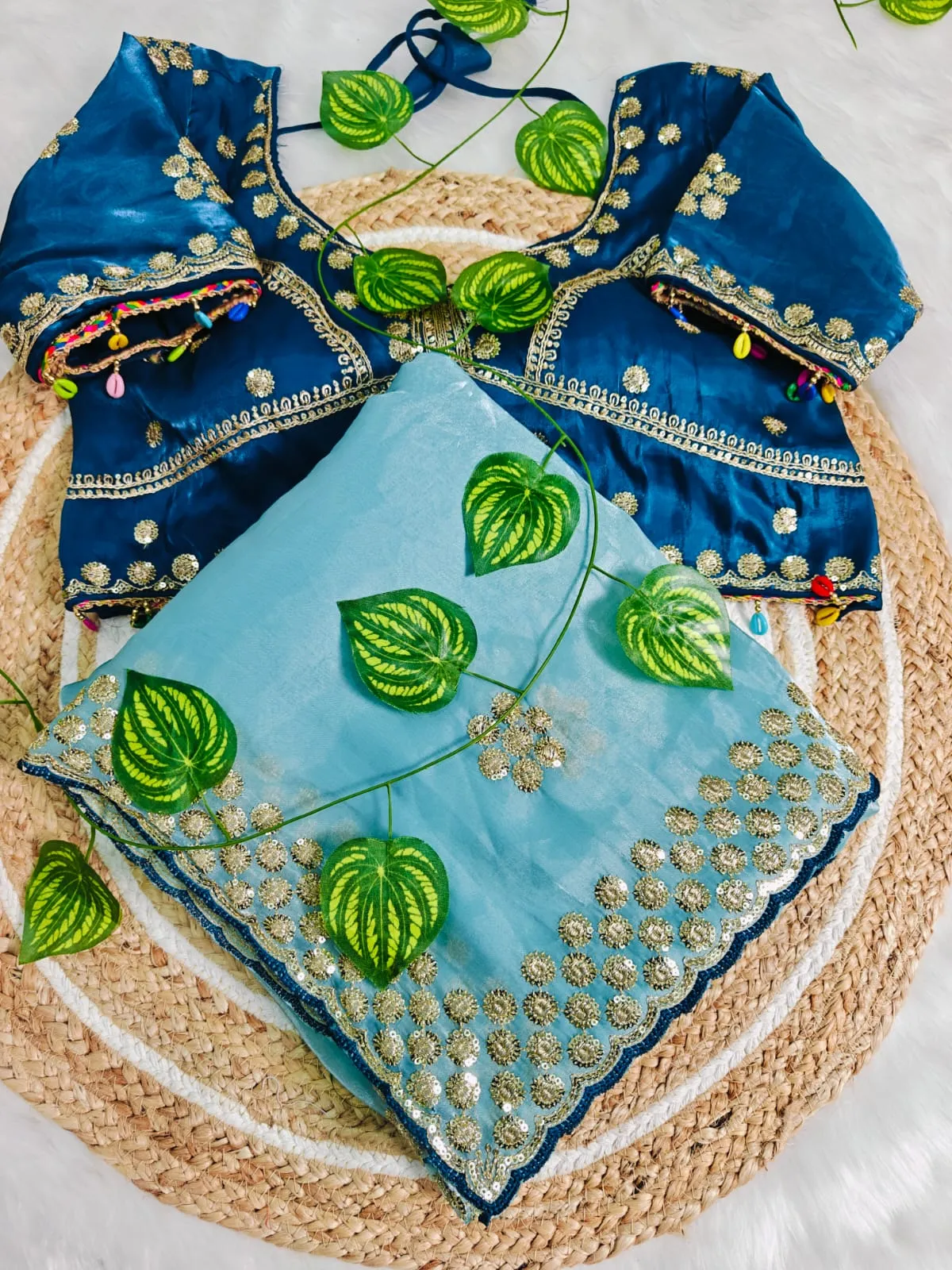 Sky Blue Embroidery Saree with Readymade Blouse