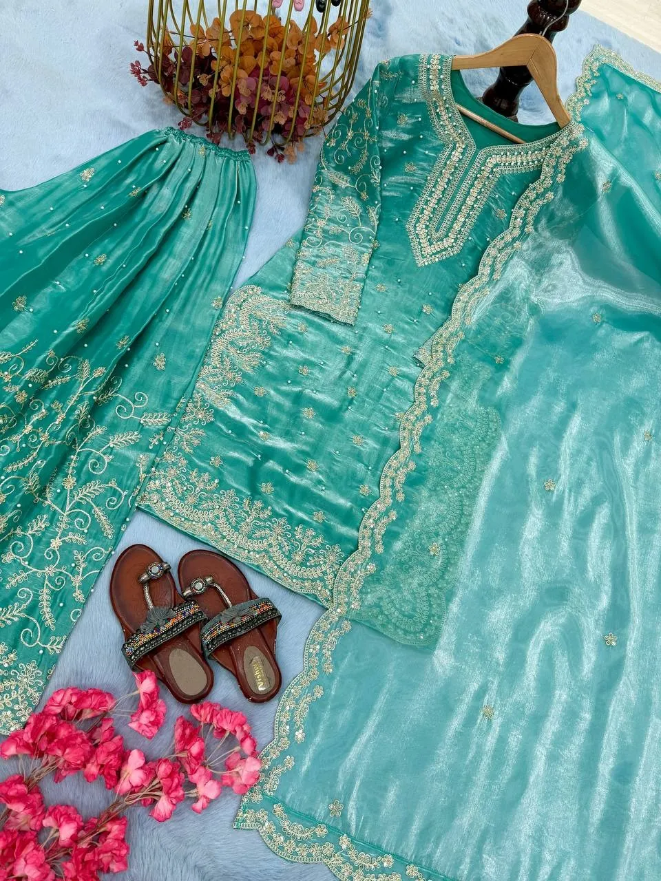 Sky Blue Readymade Silk Pakistani Plazzo Dress
