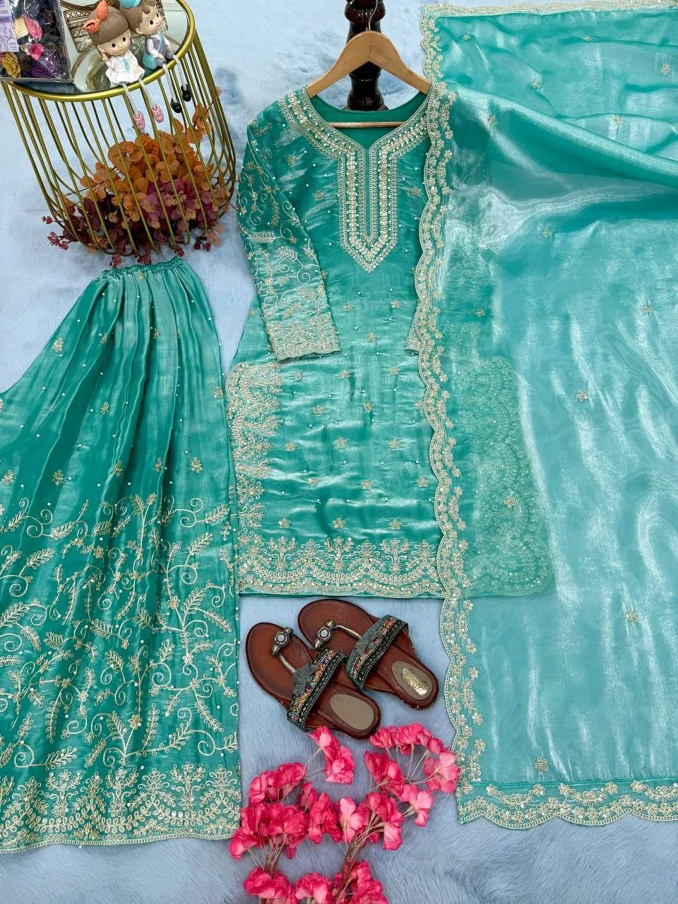 Sky Blue Readymade Silk Pakistani Plazzo Dress