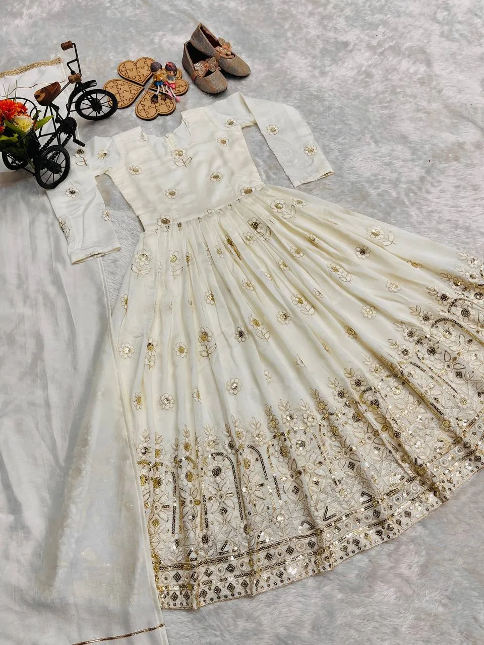 Small Girl White Pakistani Anarkali | Kids Gown