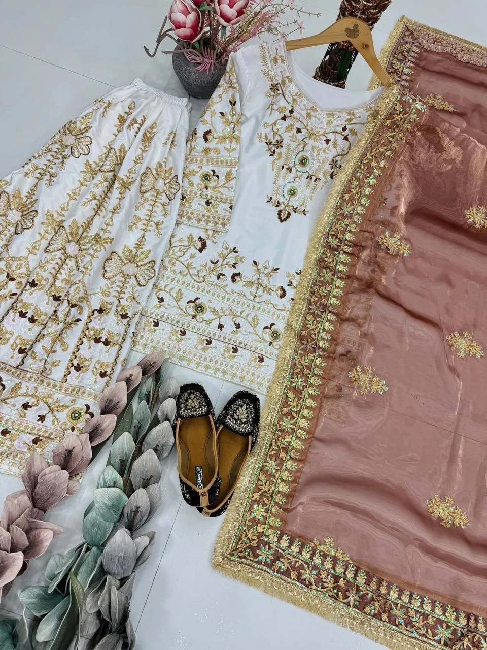 Readymade White Pakistani Sharara with Golden Embroidery