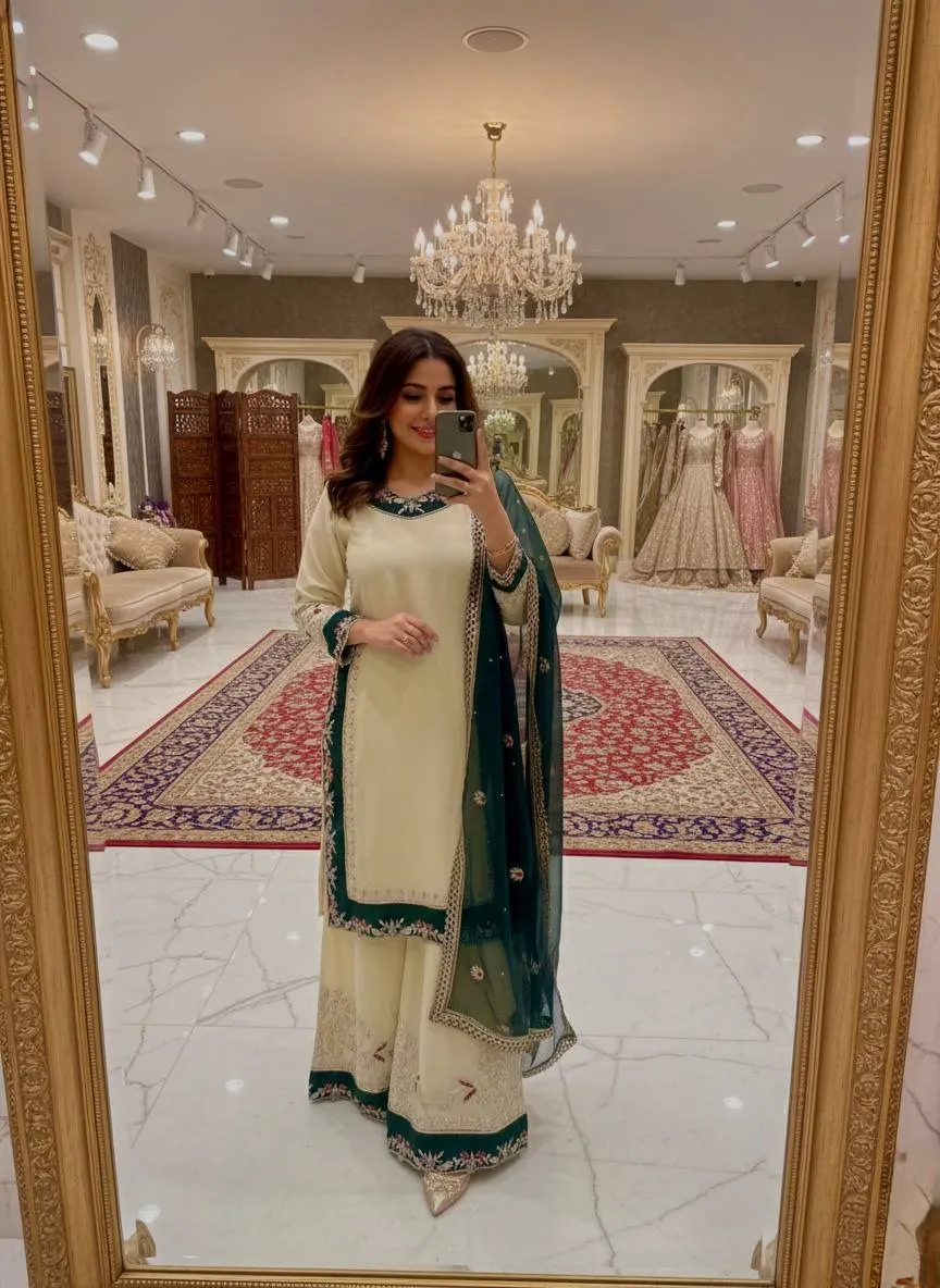 Stylish Cream Readymade Pakistani Plazzo Set | Eid Suits