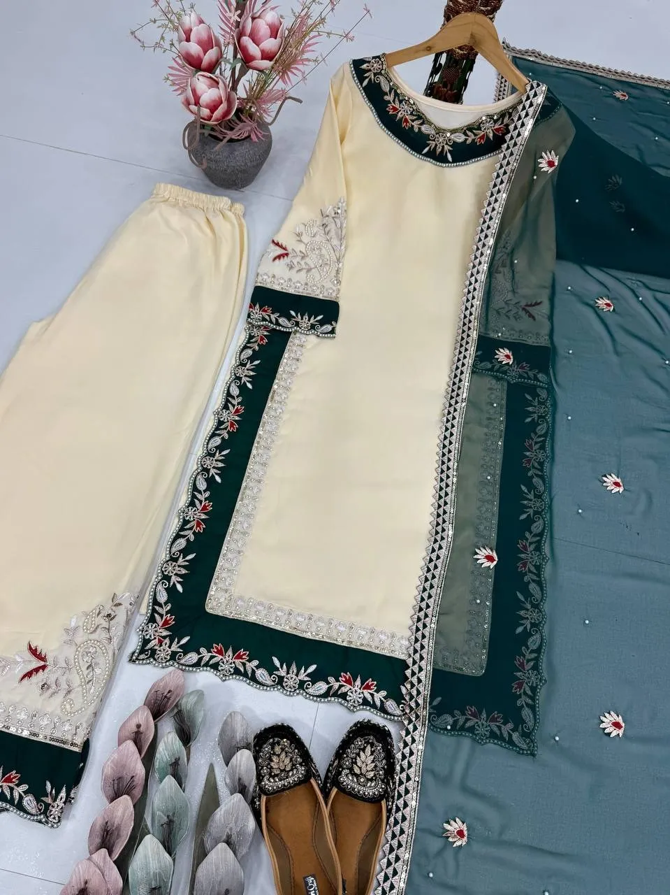 Stylish Cream Readymade Pakistani Plazzo Set | Eid Suits
