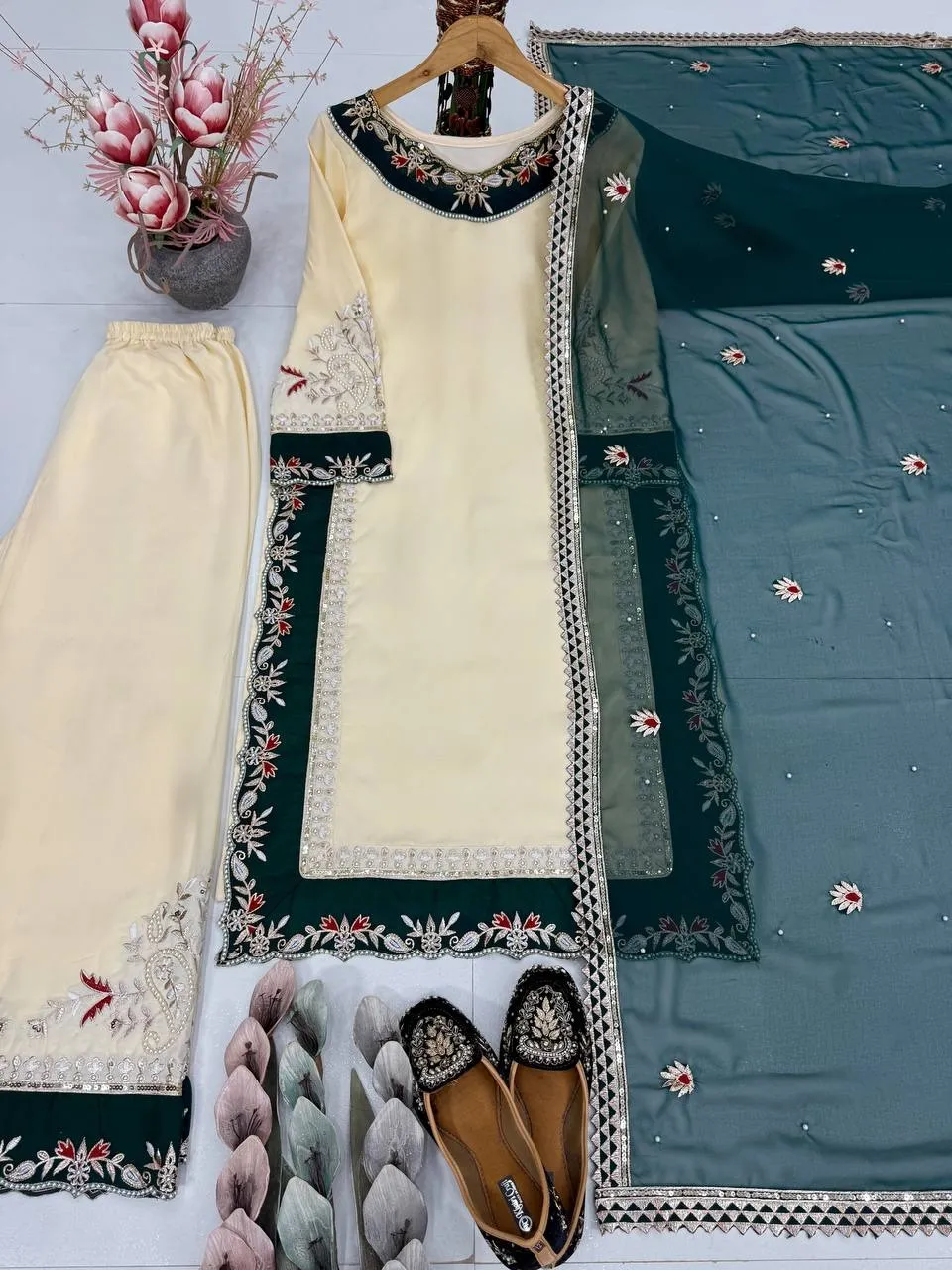 Stylish Cream Readymade Pakistani Plazzo Set | Eid Suits