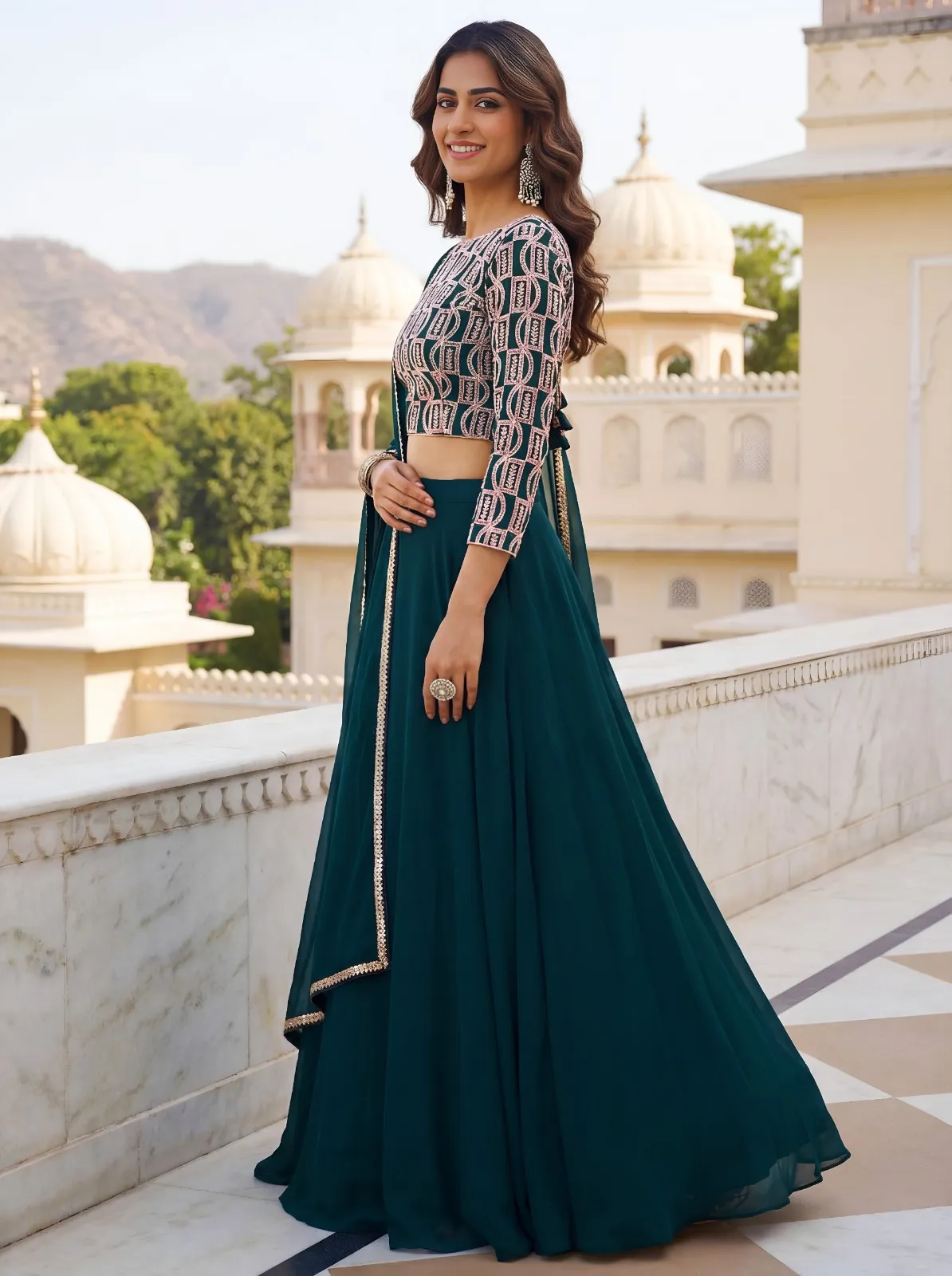 Teal Green Embroidered Georgette Lehenga Set