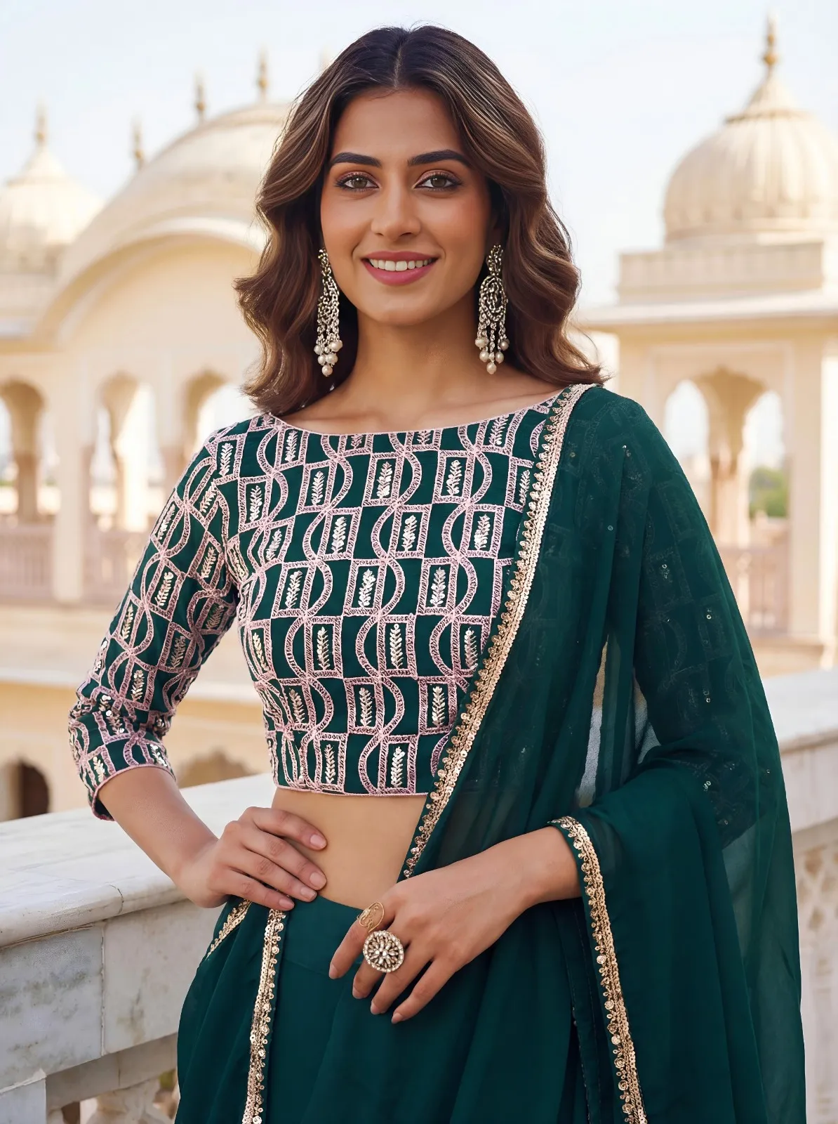 Teal Green Embroidered Georgette Lehenga Set