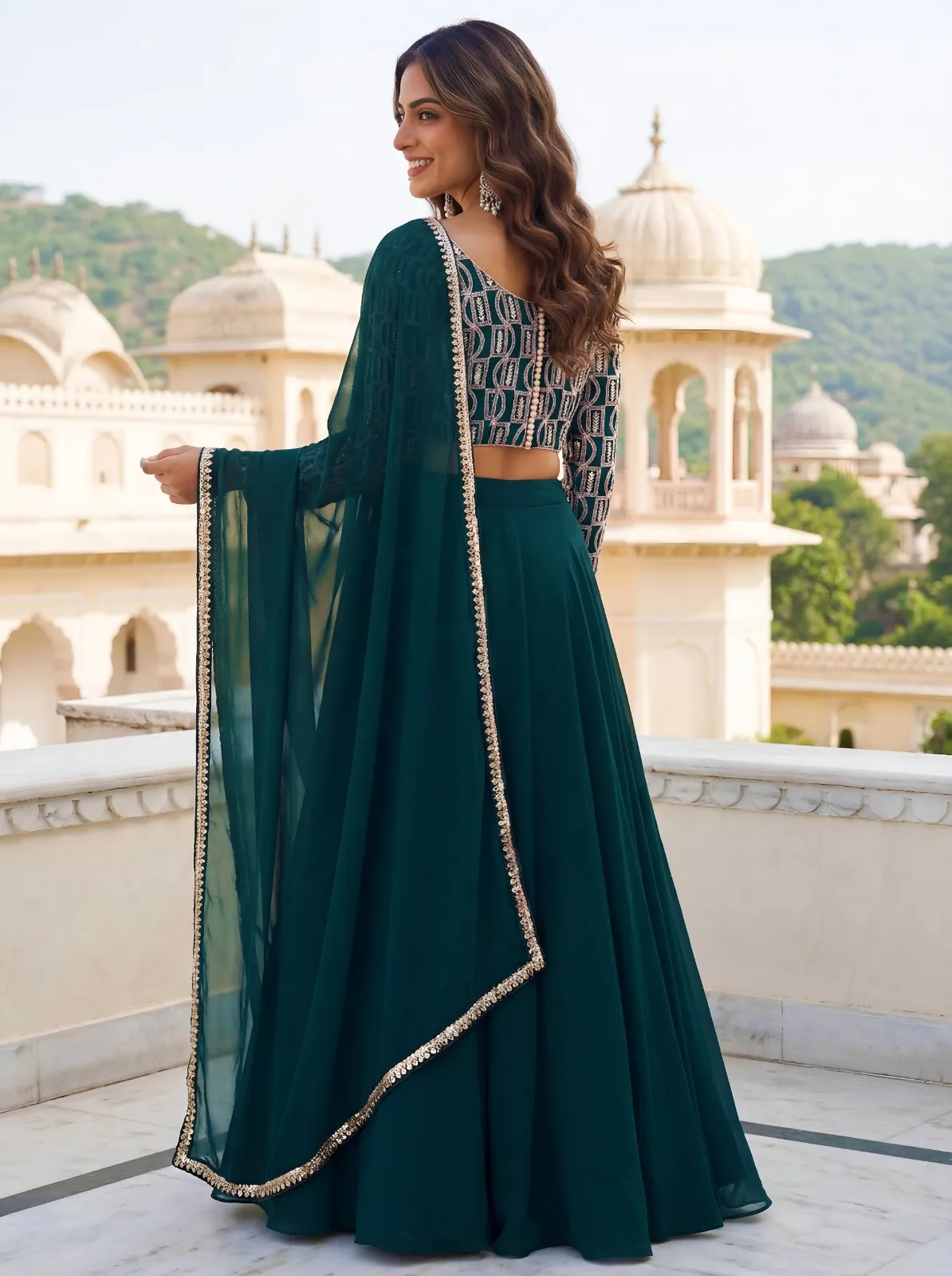 Teal Green Embroidered Georgette Lehenga Set
