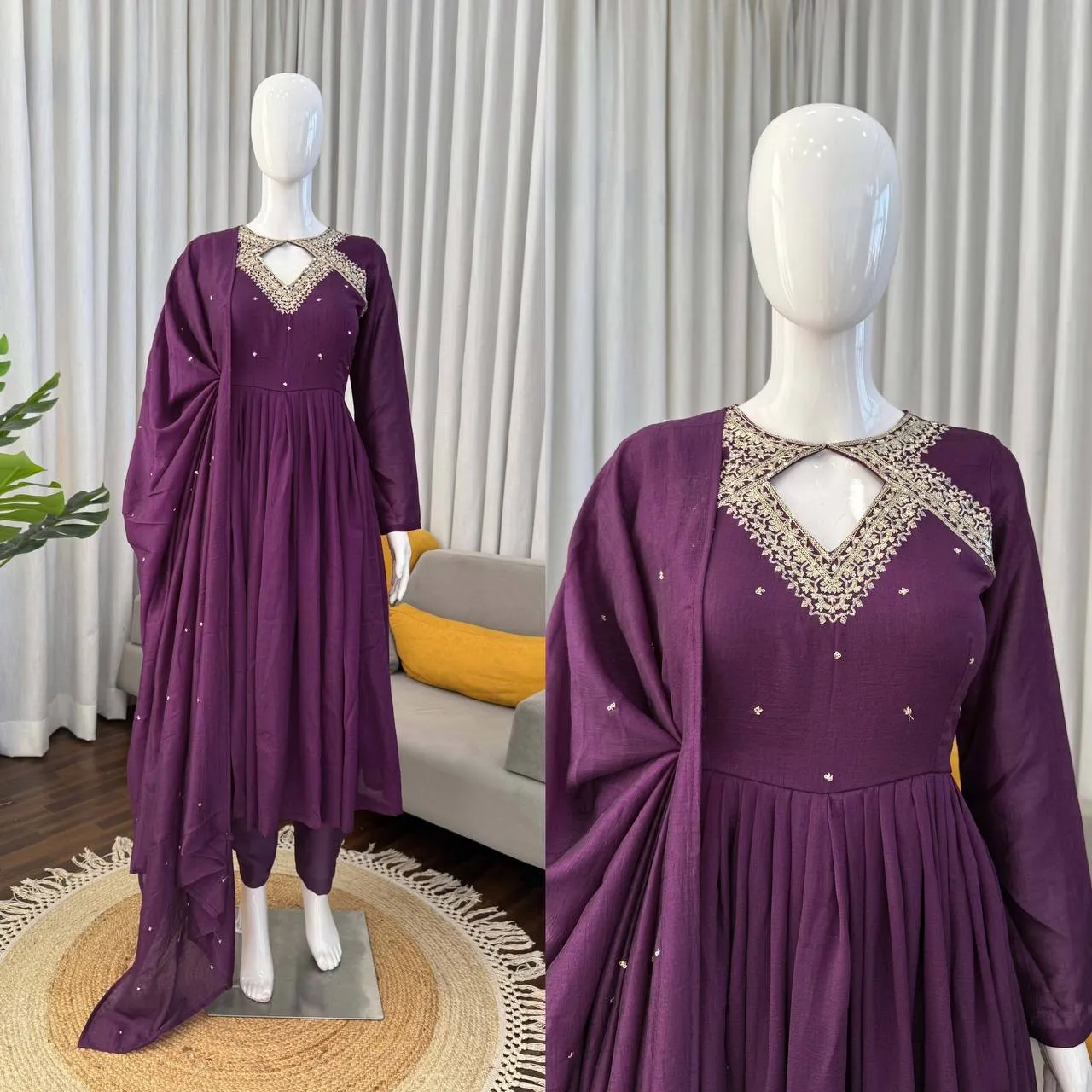 Trending Neck Pattern Purple Anarkali Dress | Trending Suits