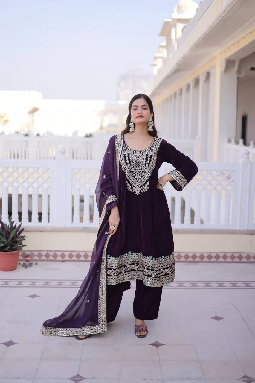 Violet Velvet Pakistani Style Embroidery Suit for Eid