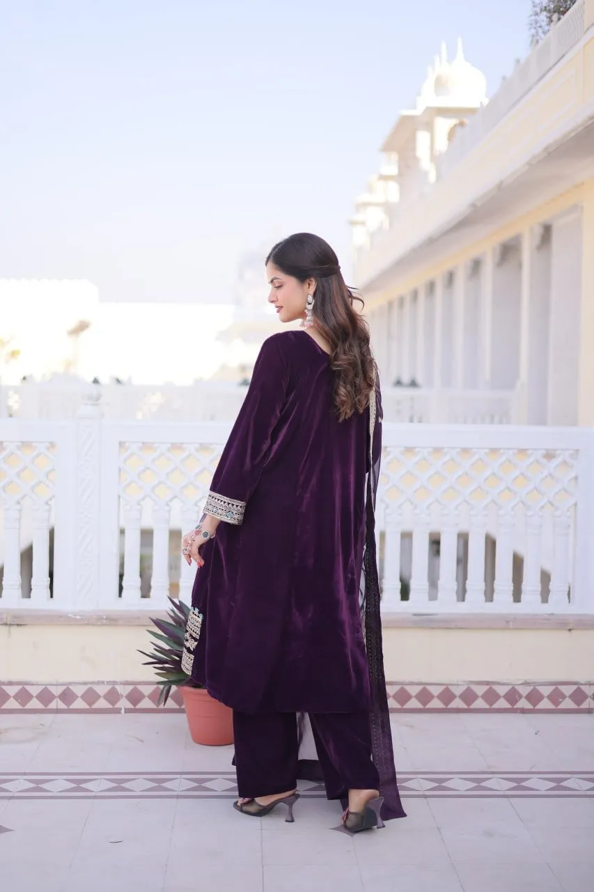 Violet Velvet Pakistani Style Embroidery Suit for Eid