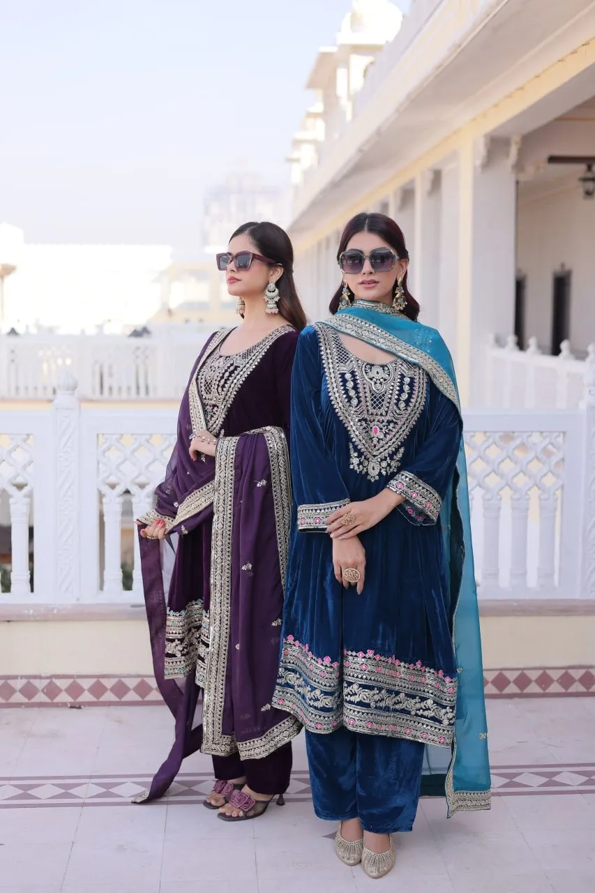 Violet Velvet Pakistani Style Embroidery Suit for Eid