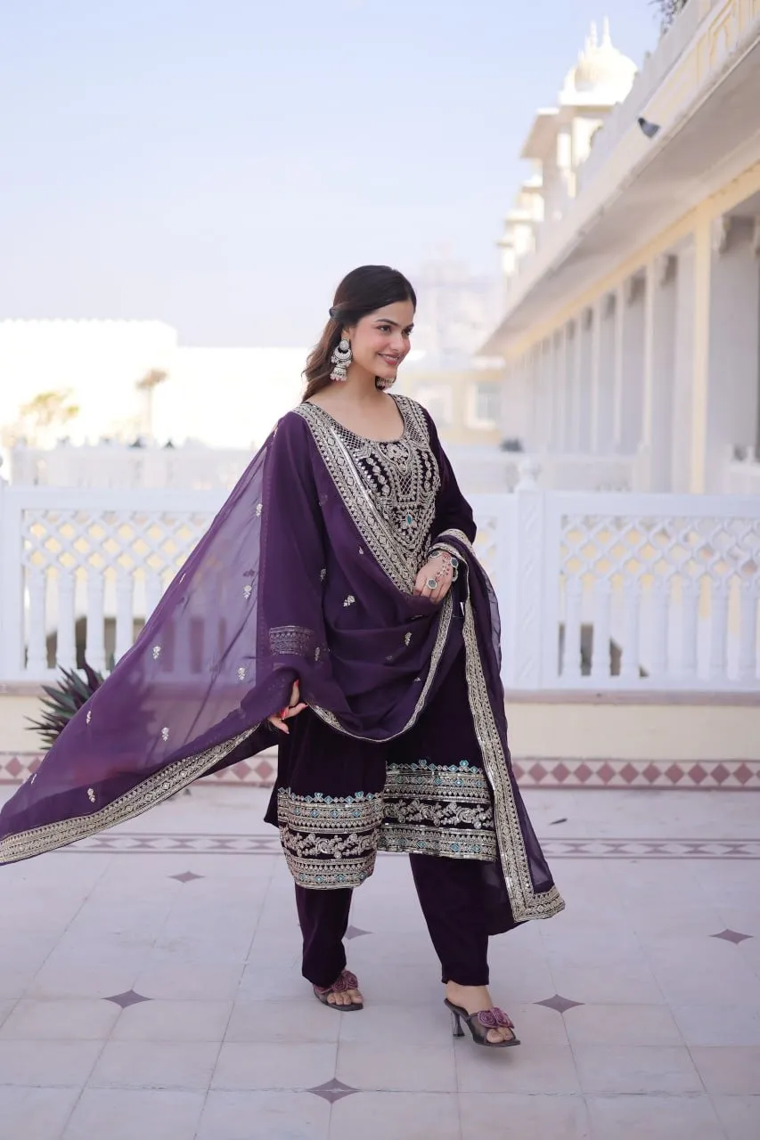 Violet Velvet Pakistani Style Embroidery Suit for Eid
