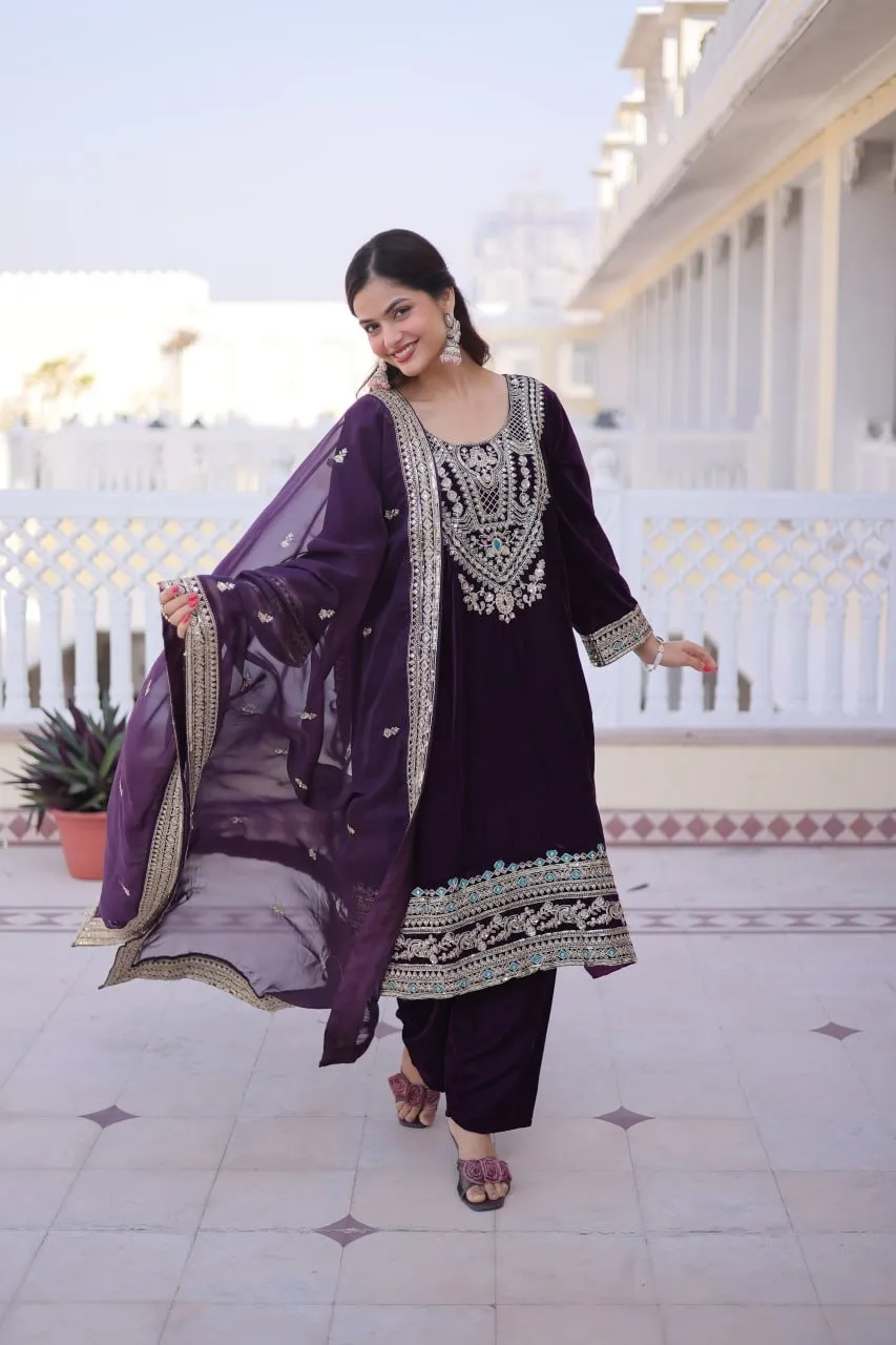Violet Velvet Pakistani Style Embroidery Suit for Eid