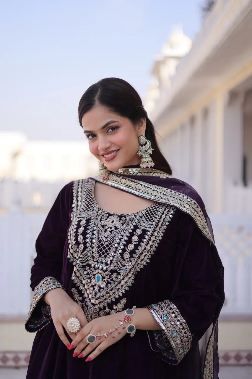Violet Velvet Pakistani Style Embroidery Suit for Eid
