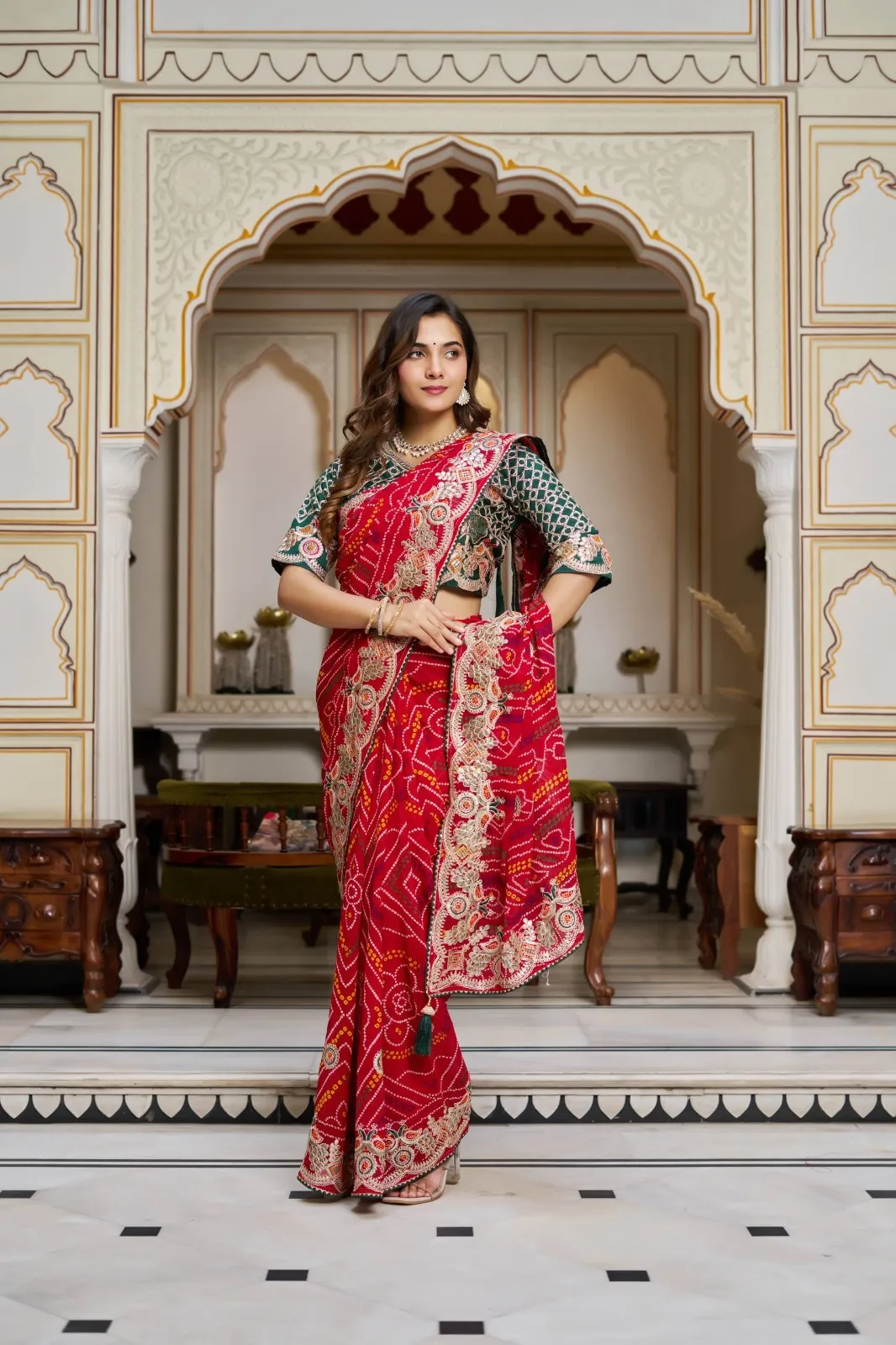 Wedding Red Bandhni Saree with Gota Border