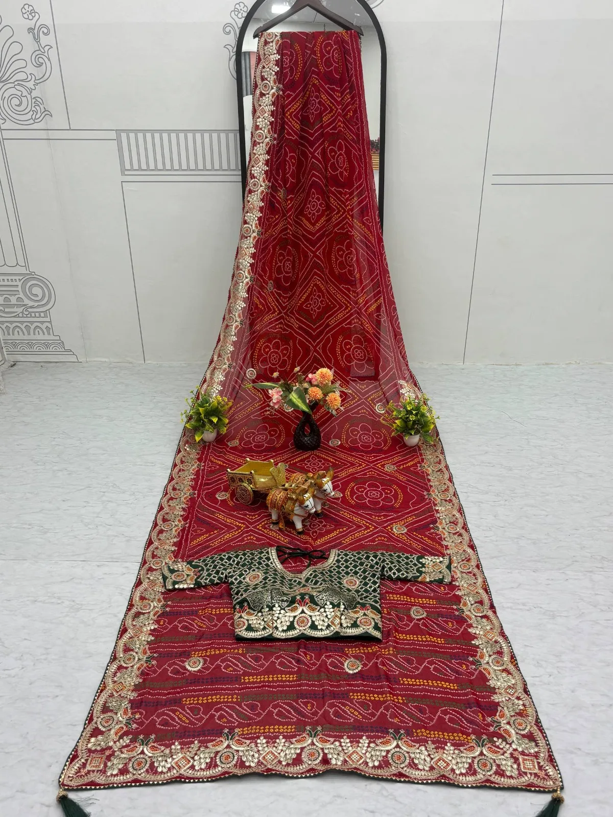 Wedding Red Bandhni Saree with Gota Border