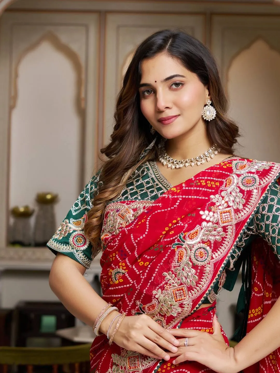 Wedding Red Bandhni Saree with Gota Border