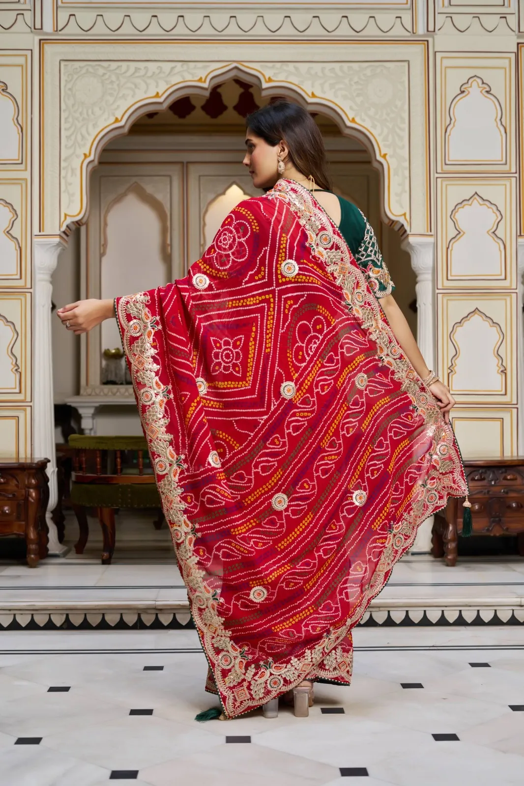 Wedding Red Bandhni Saree with Gota Border