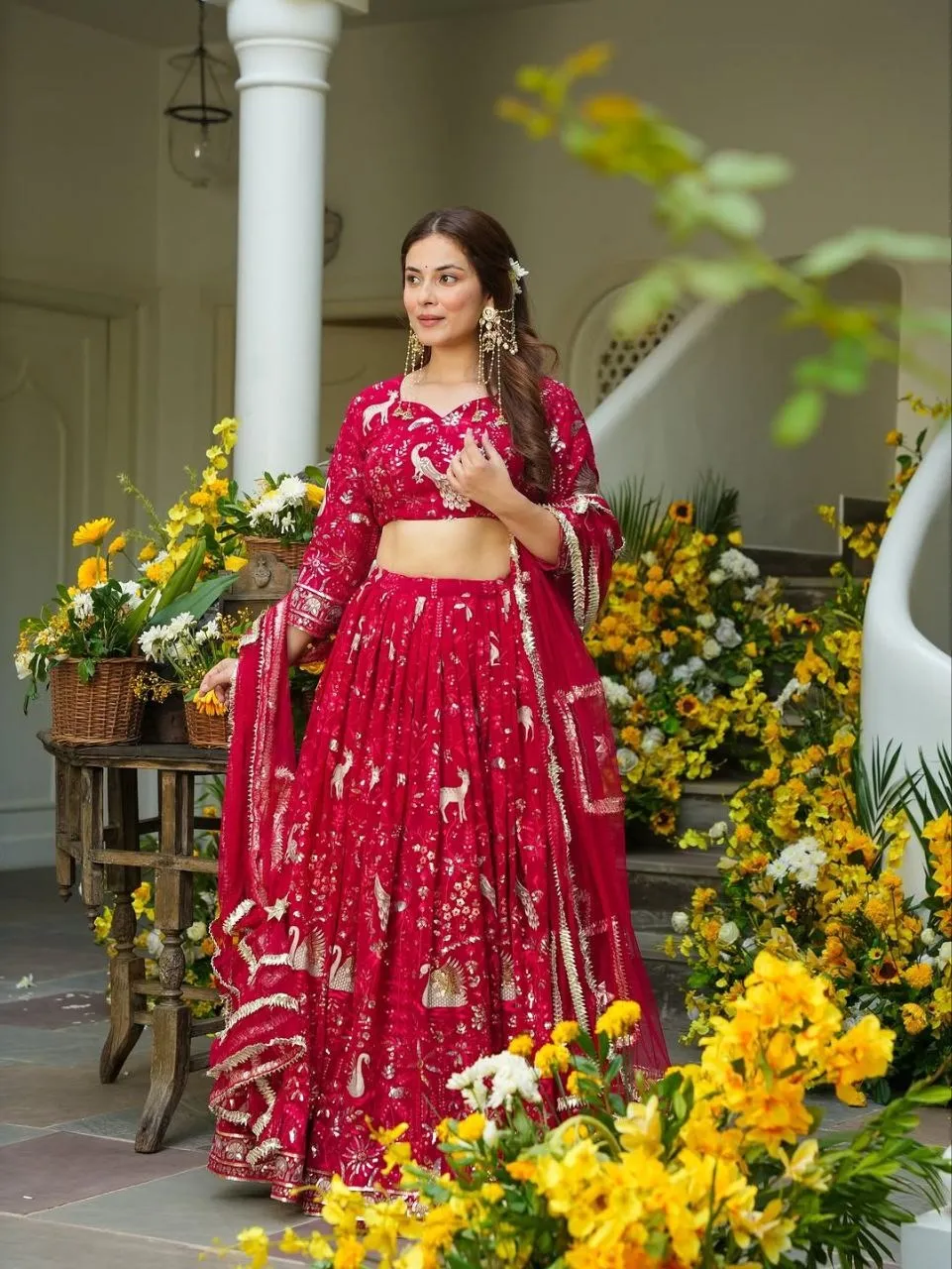 Wedding Red Peacock Embroidery Lehenga