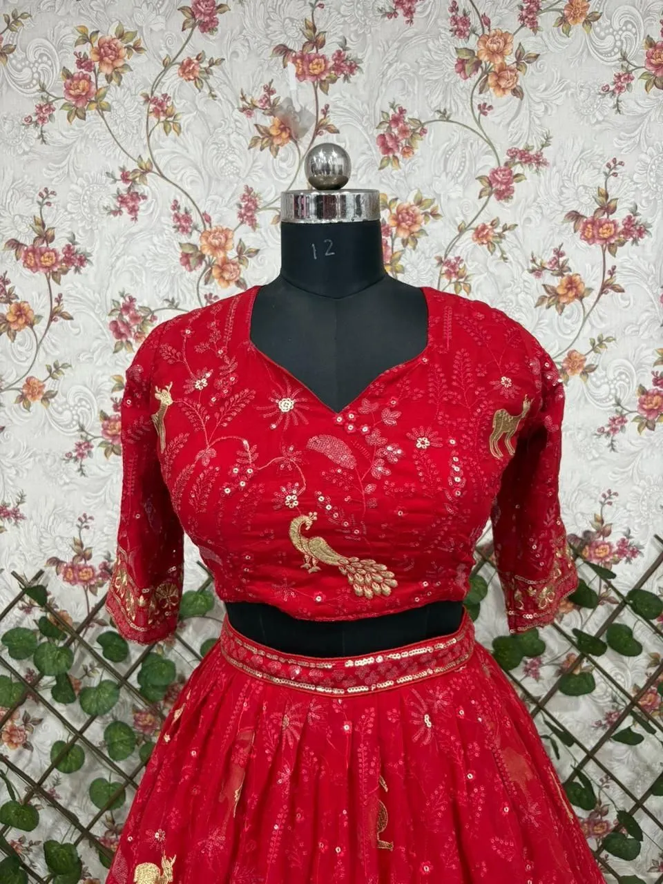 Wedding Red Peacock Embroidery Lehenga