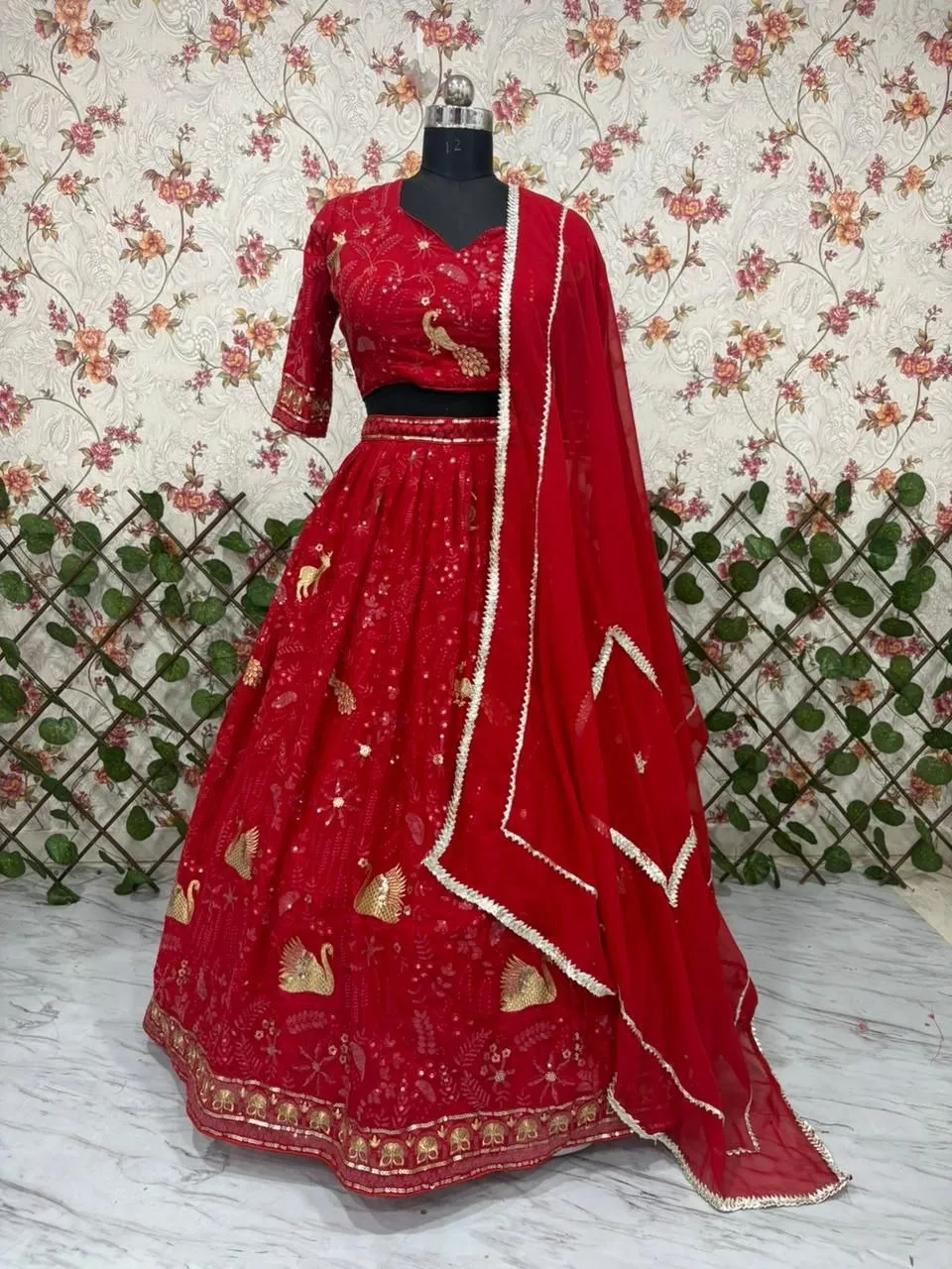 Wedding Red Peacock Embroidery Lehenga