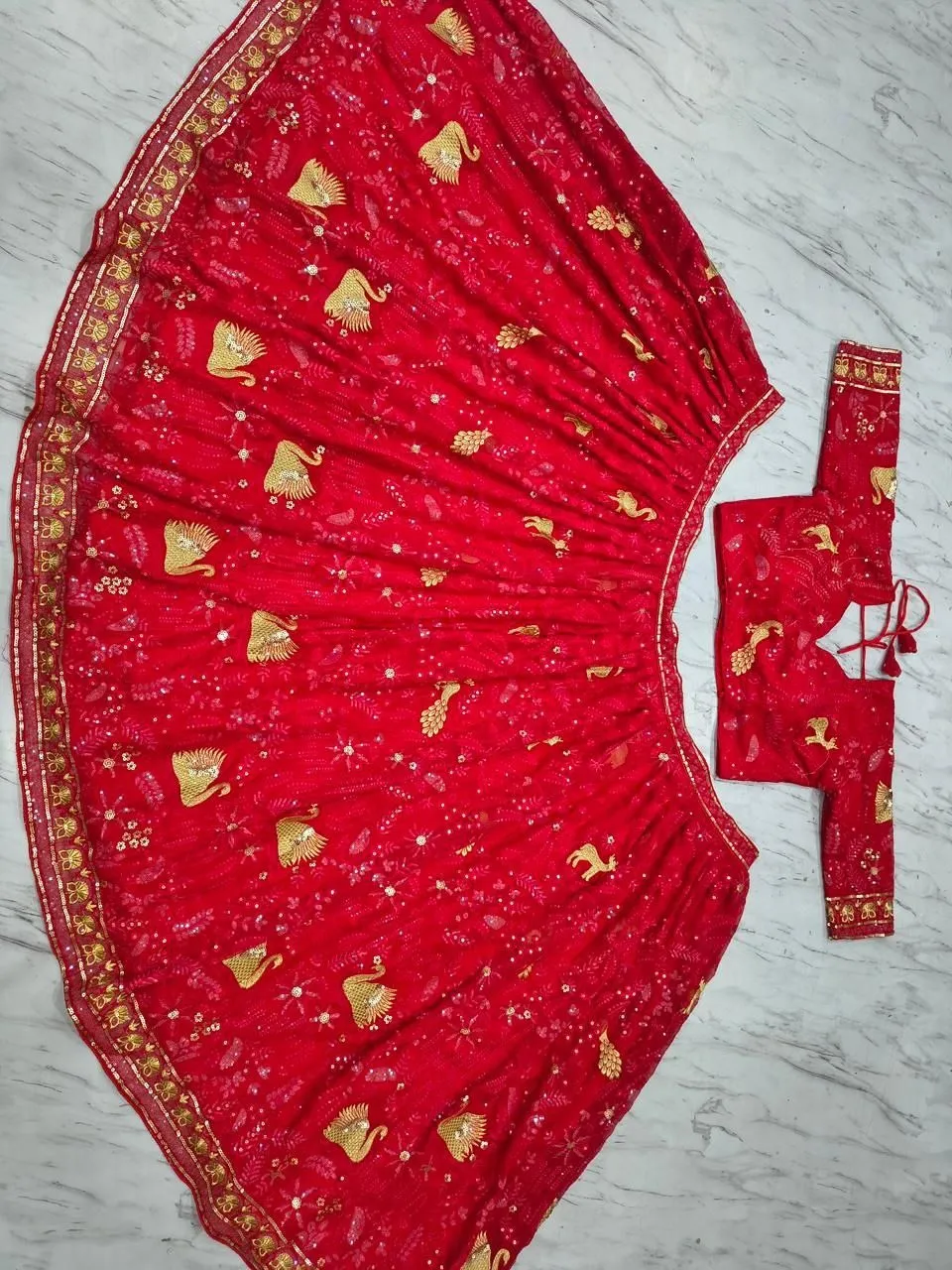 Wedding Red Peacock Embroidery Lehenga