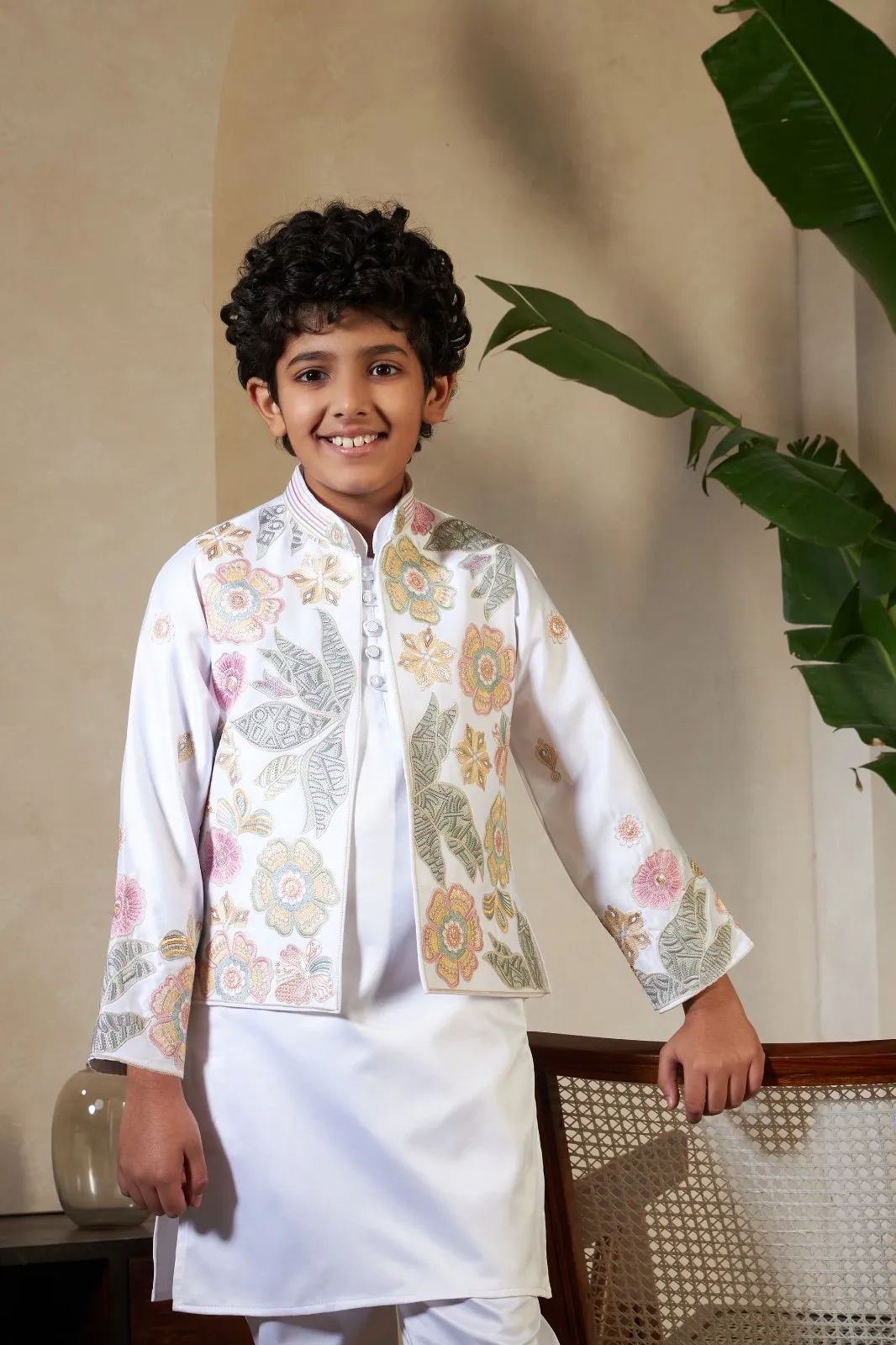 white color small boys wedding kurta with koti