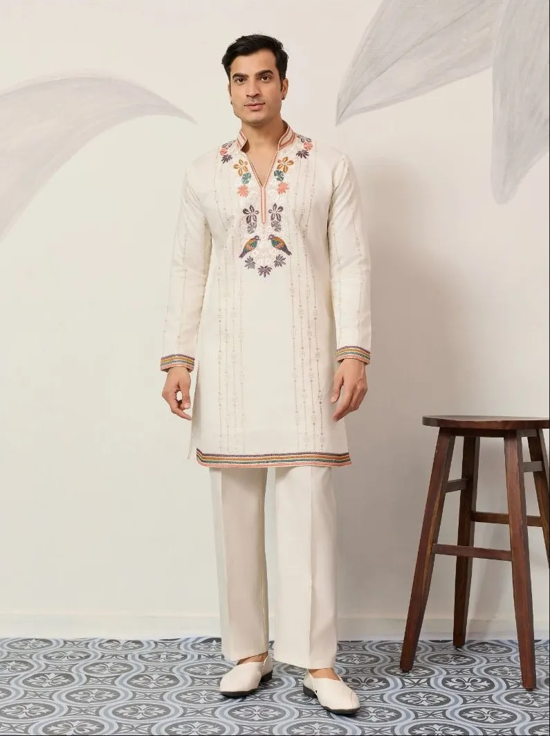 White Embroidery Mens Kurta Set for Barat