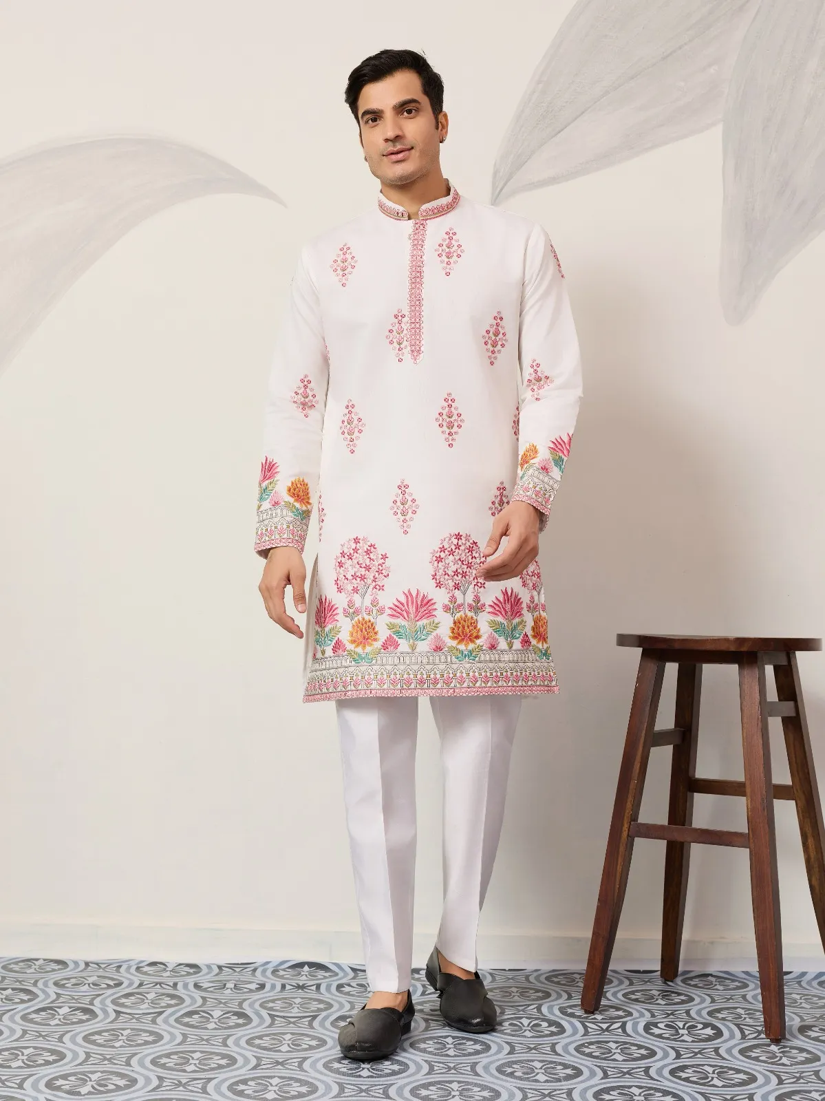 White Men Kurta with Pink Embroidery