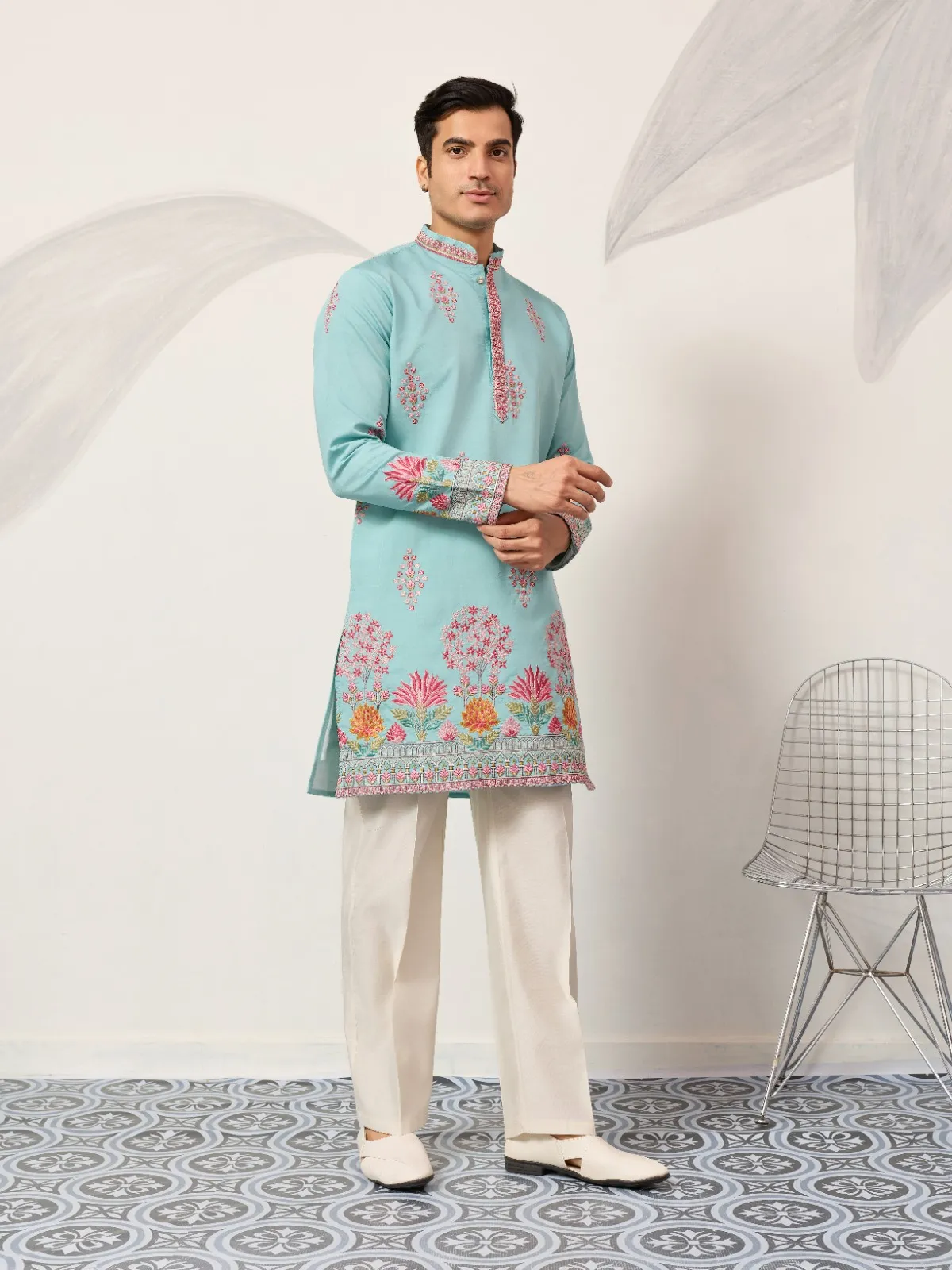 Pastel Sky Blue Men Embroidery Kurta