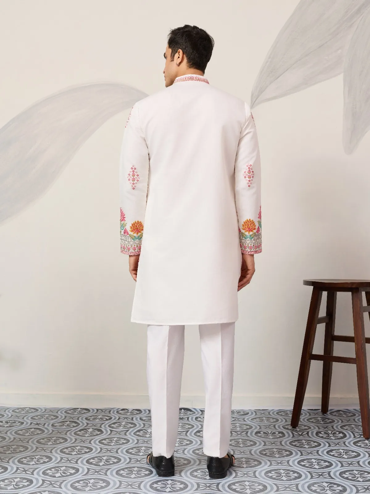 White Men Kurta with Pink Embroidery