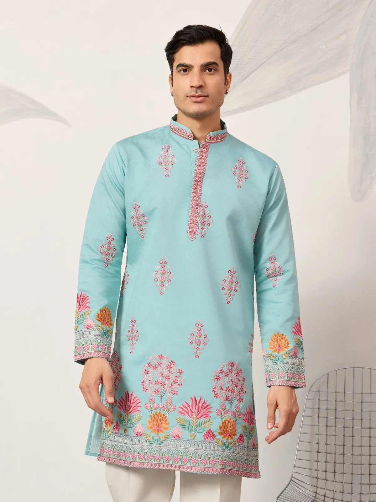 Pastel Sky Blue Men Embroidery Kurta