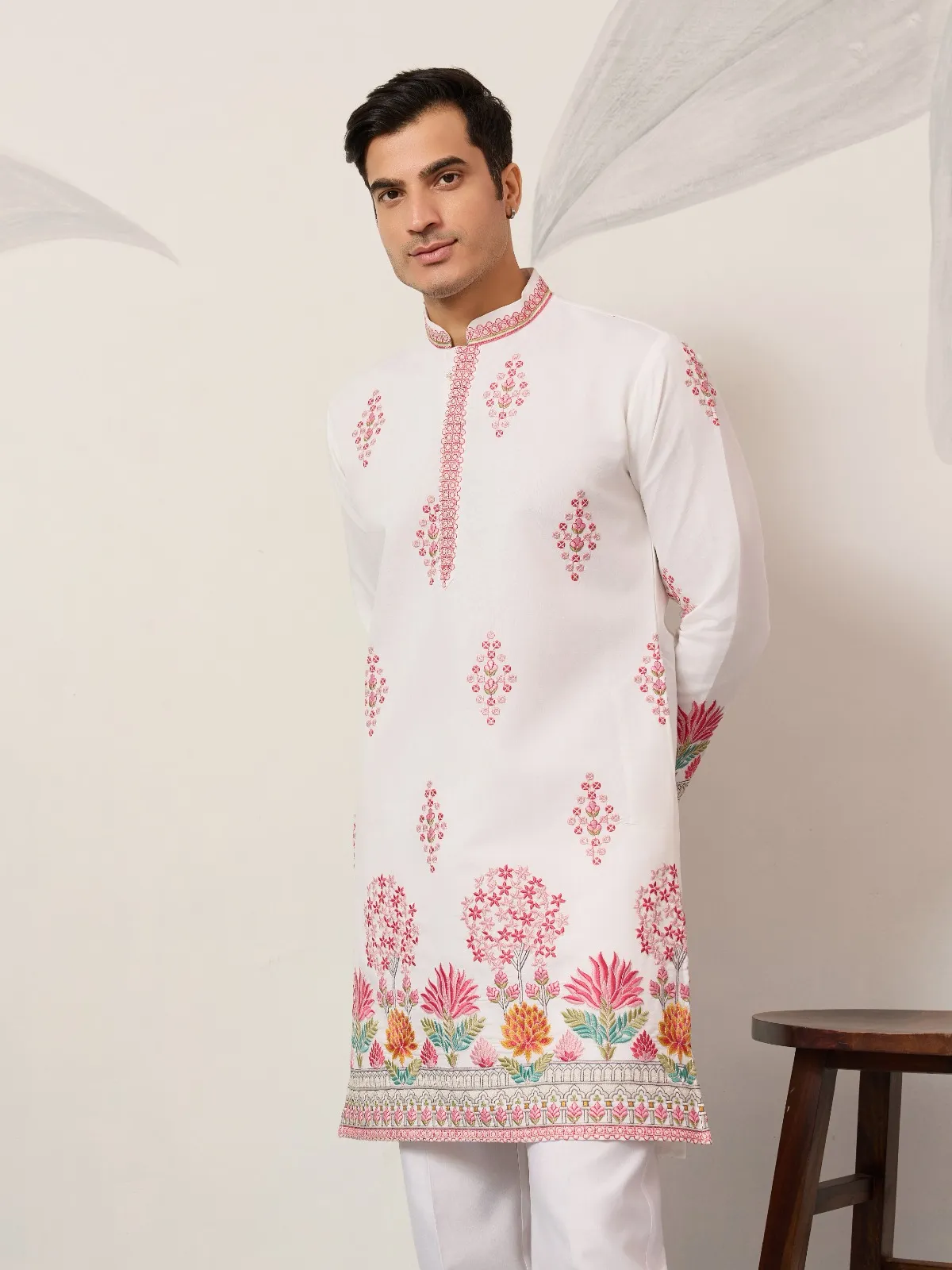 White Men Kurta with Pink Embroidery