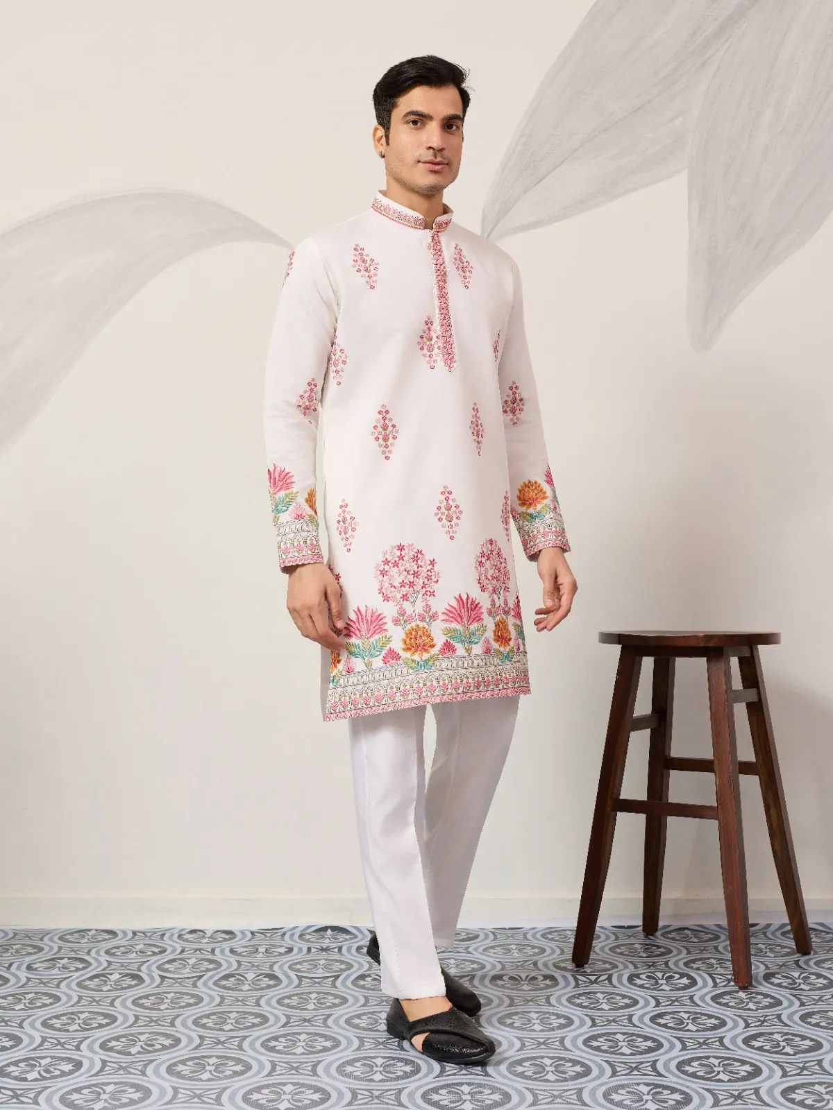 White Men Kurta with Pink Embroidery
